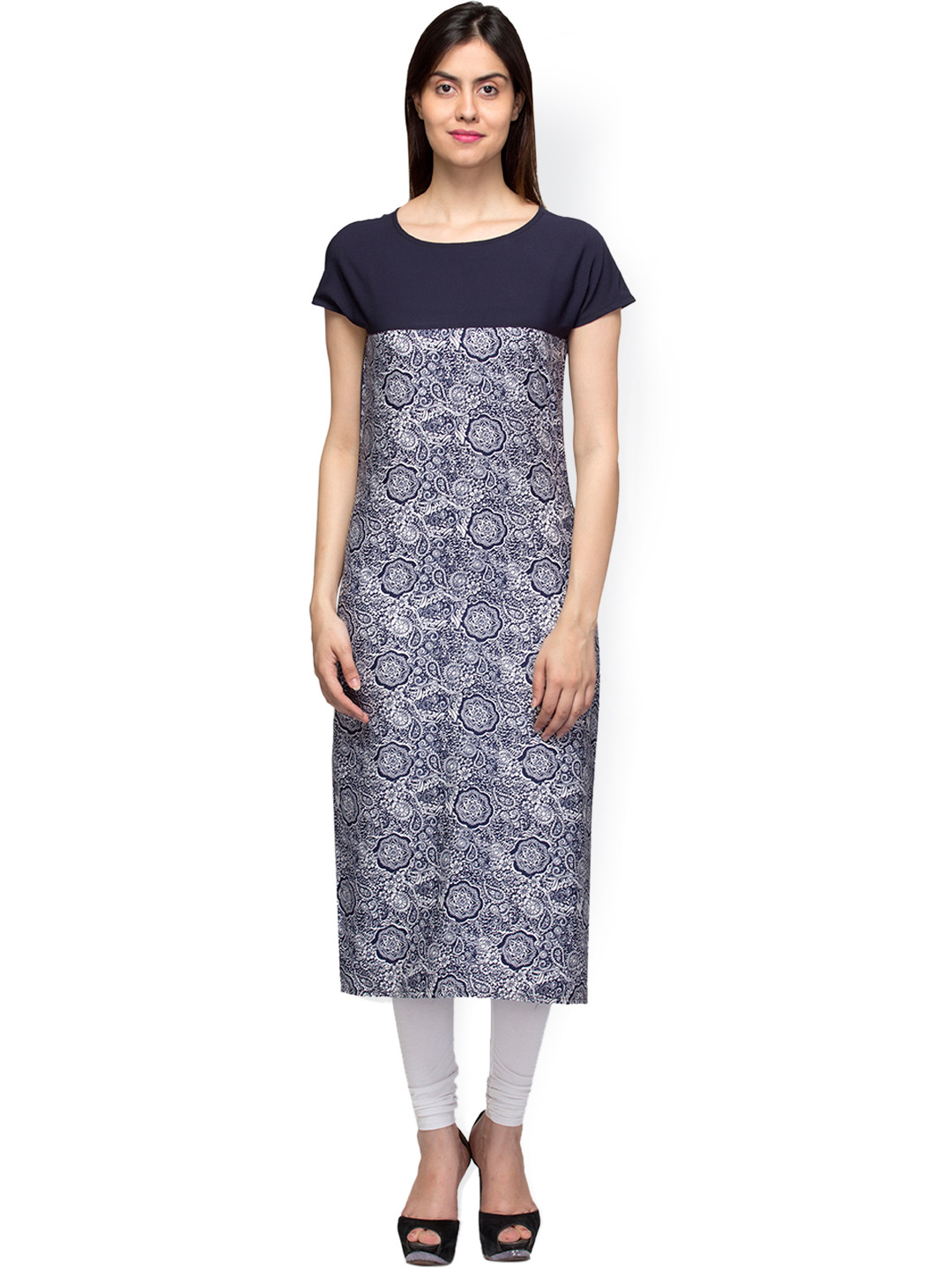 Laabha Navy & White Printed Kurta