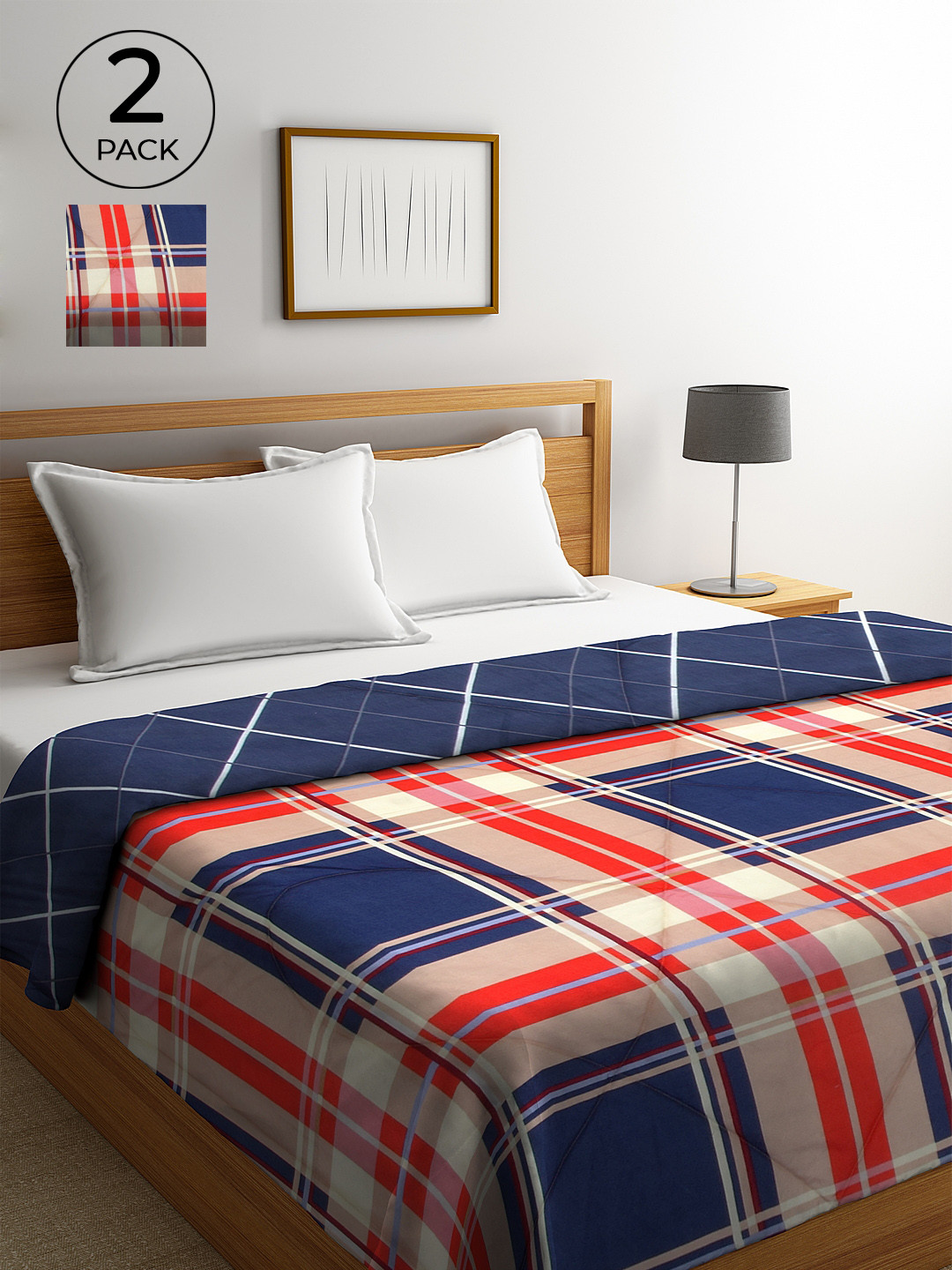 KLOTTHE Navy Blue & Beige Checked Pack of 2 500 GSM Double Bed Reversible Quilts