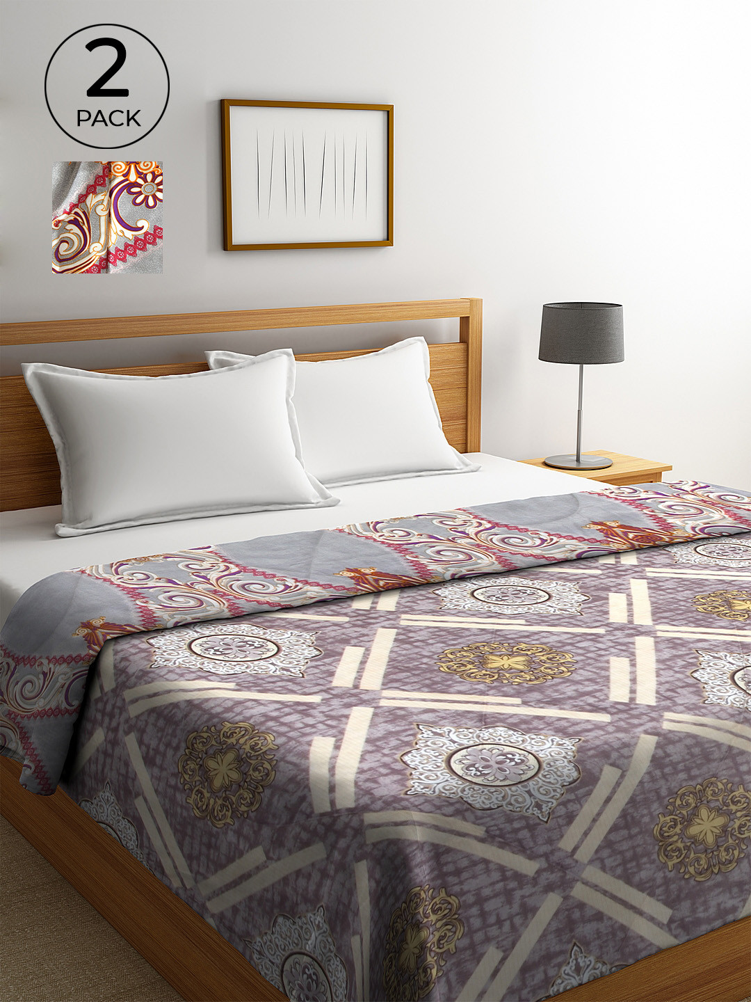 KLOTTHE Grey Ethnic Motifs Printed Pack of 2 500 GSM Double Bed Reversible Quilts