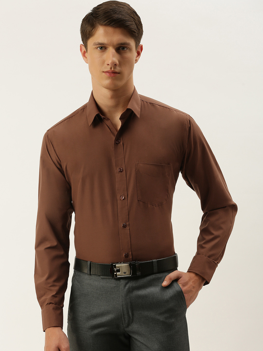 English Navy Men Brown Slim Fit Solid Formal Shirt