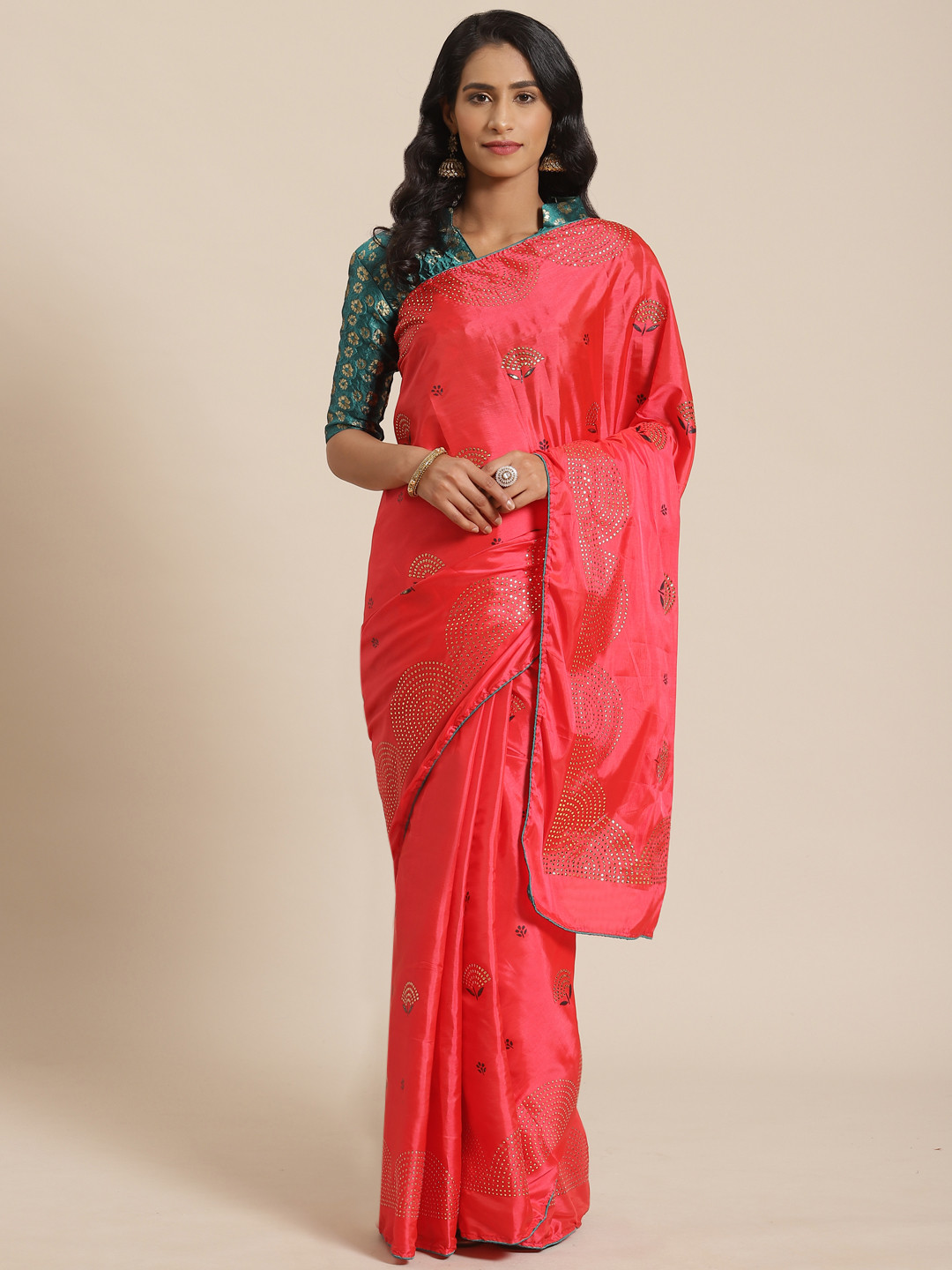 Saree mall Coral Pink & Golden Embellished Saree