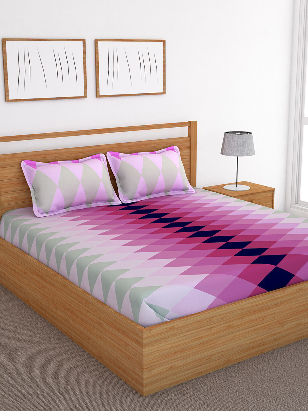 Bedspun Pink Geometric Pure Cotton Breathable 120 TC Queen Bedsheet with 2 Pillow Covers-235 x 225 cm