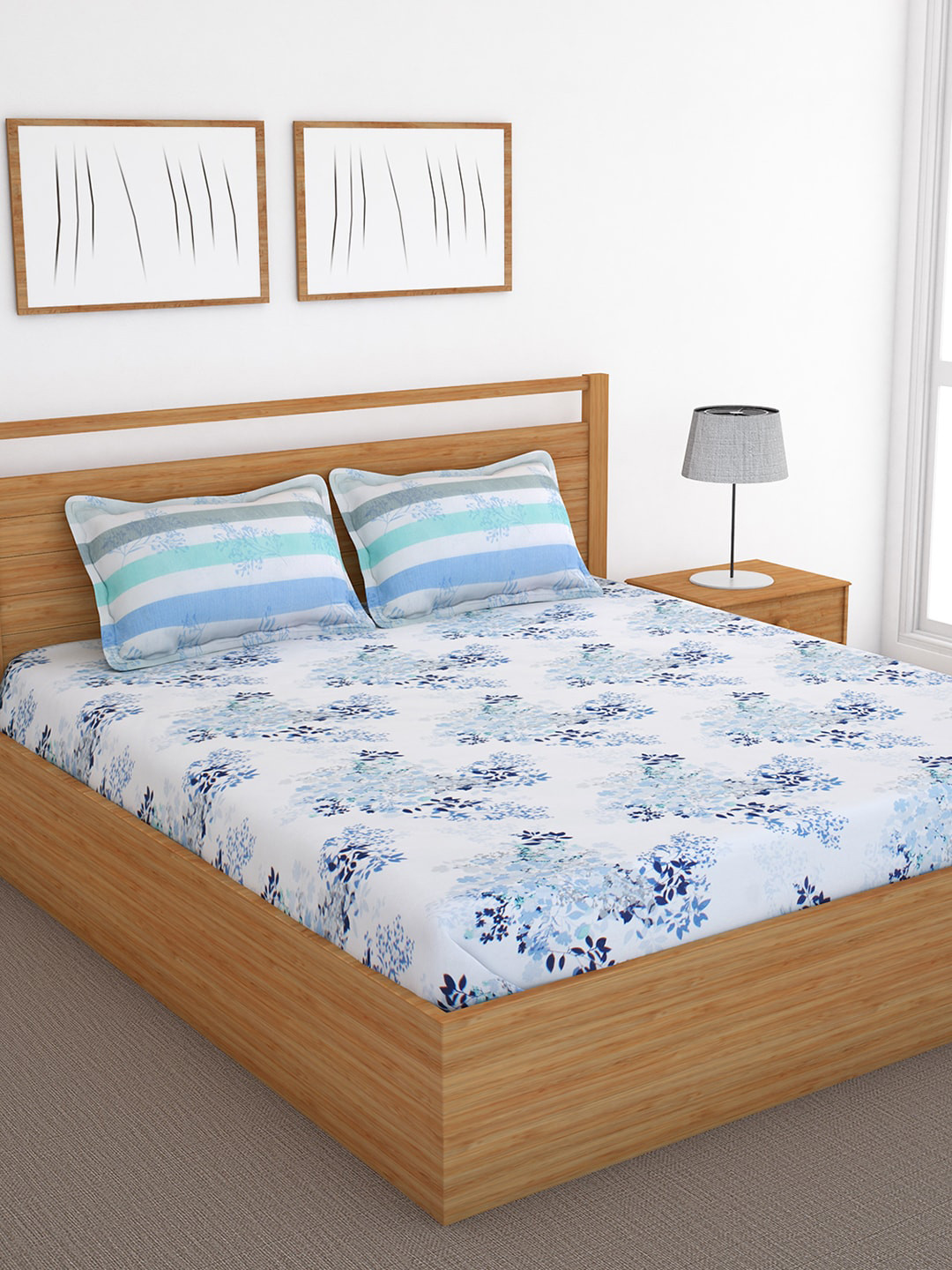 Bedspun White & Blue Printed 120 TC Cotton Double Queen Bedsheet With Two Pillow Covers