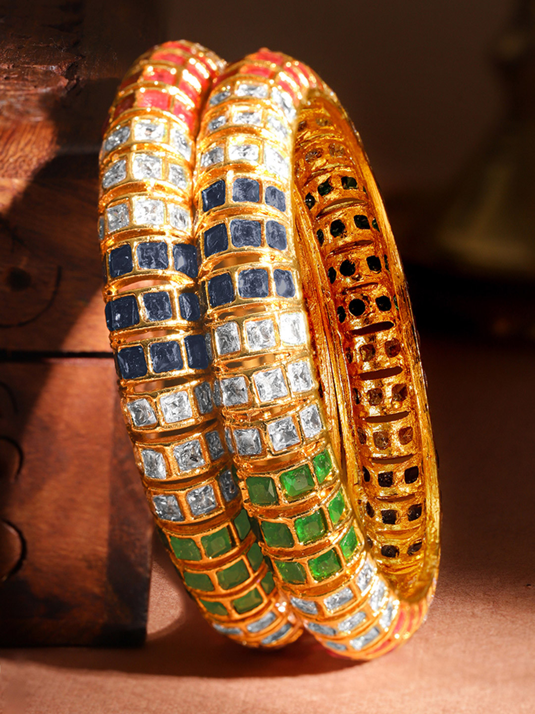 Rubans Set of 2 18K Gold Plated Multicolor Cubic Zirconia Studded Bangles