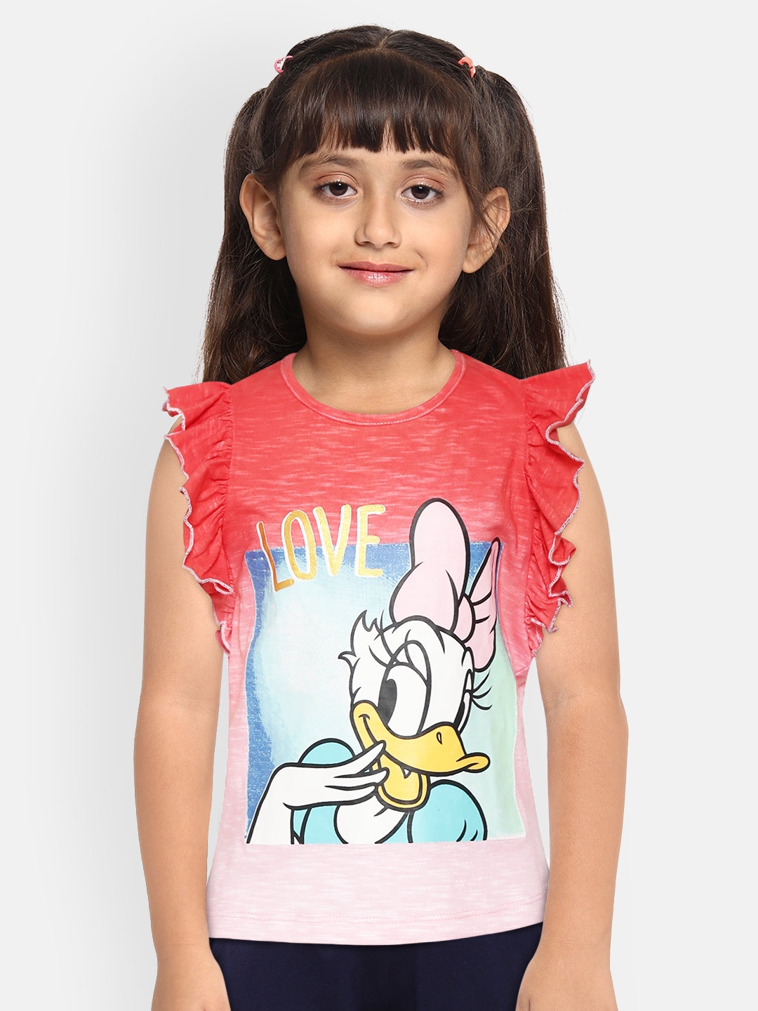YK Disney Pink   White Mickey   Friends Daisy Duck Print Pure Cotton Flutter Sleeves Top