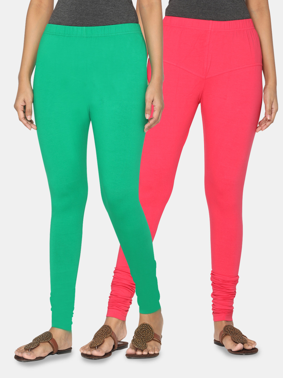 TSG Bliss Women Pack Of 2 Green & Fuchsia Solid Churidar-Length Leggings
