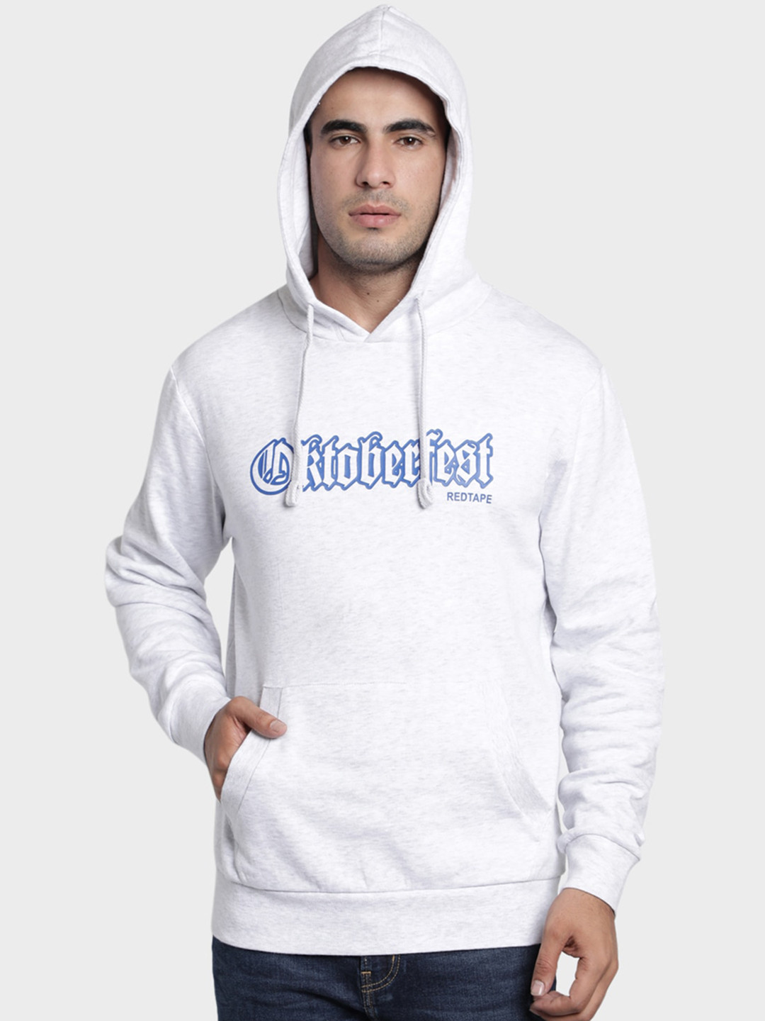 Red Tape Men Grey Melange Printed Hooded Sweatshirt