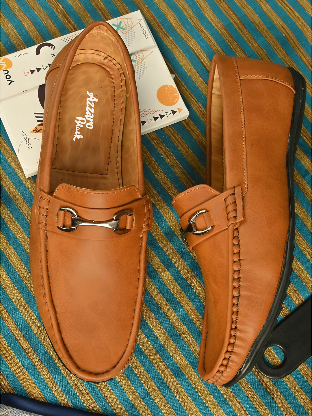 Azzaro Black Men Tan Brown Loafers