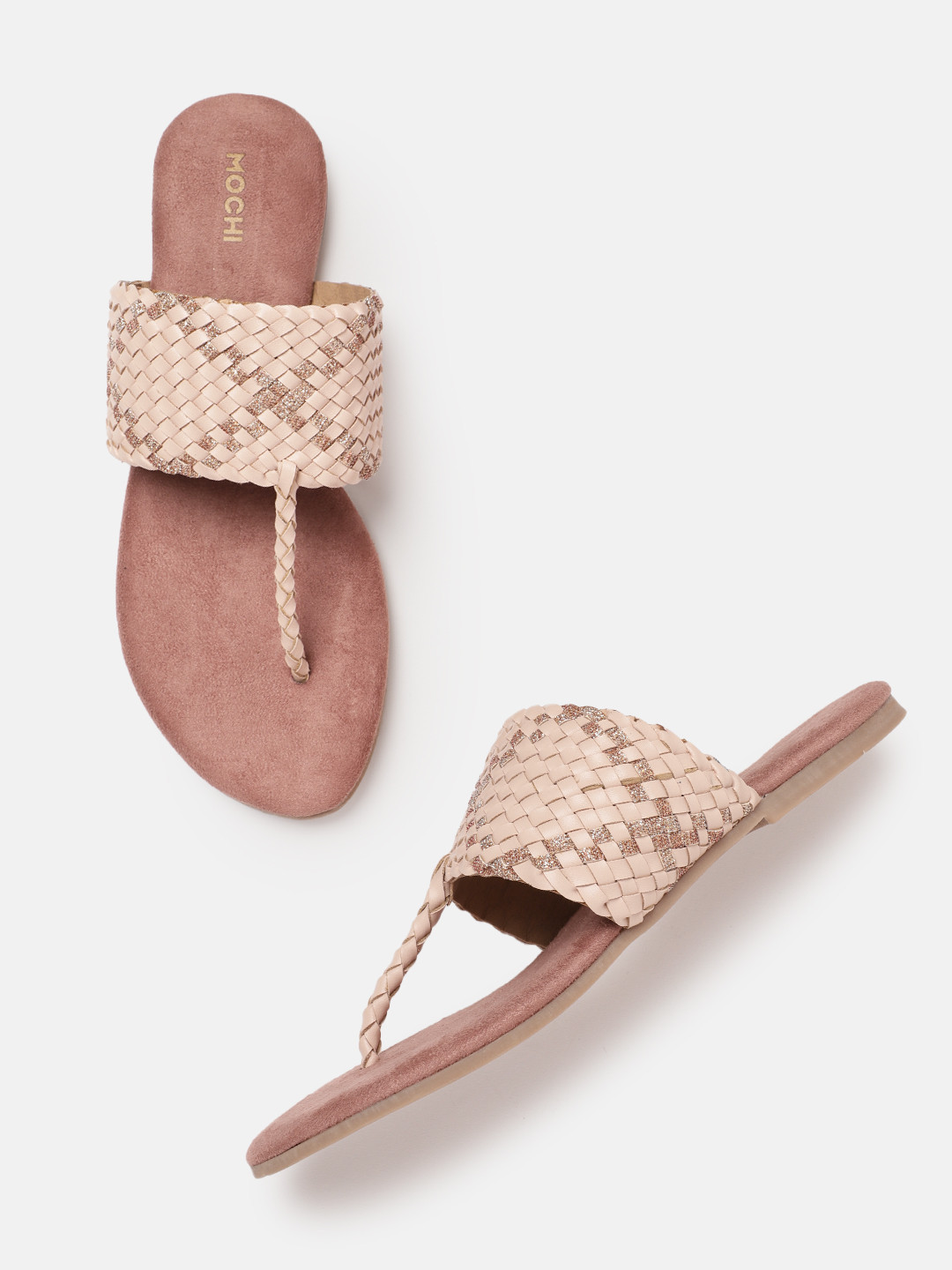 Mochi Womens Peach Woven T-Strap Ethnic Open Toe Flats