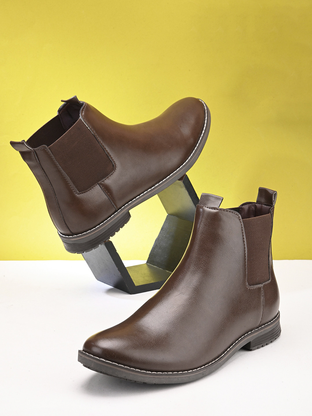 El Paso Men Brown Solid Synthetic Leather Mid-Top Flat Boots