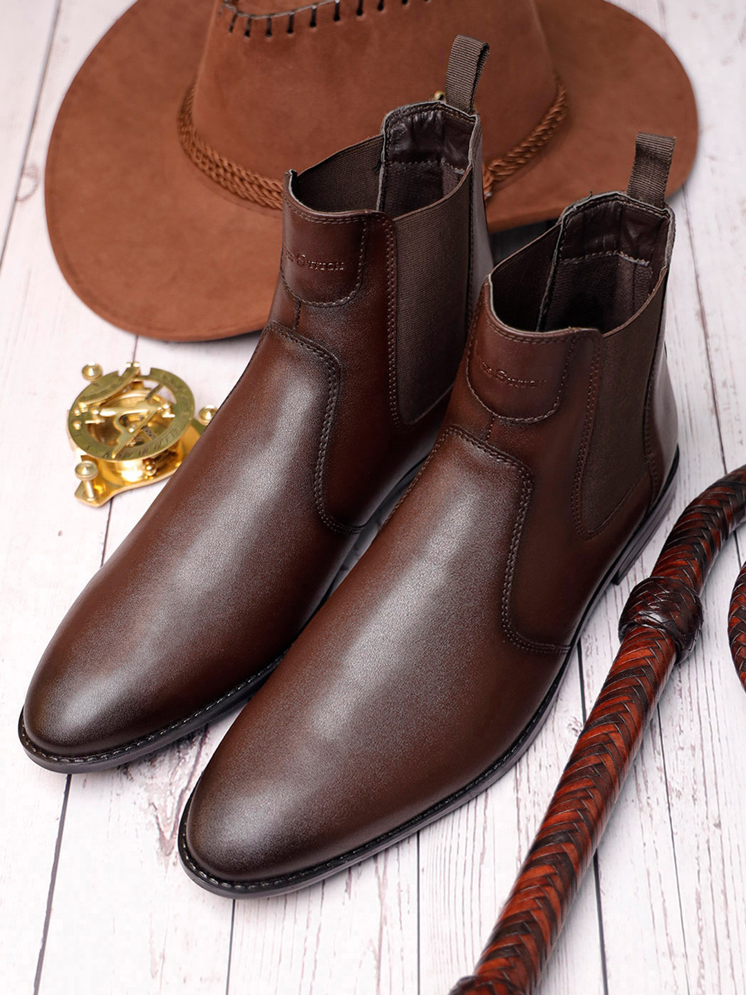 LOUIS STITCH Men Brunette Brown Mid-Top Slip-On Chelsea Boots