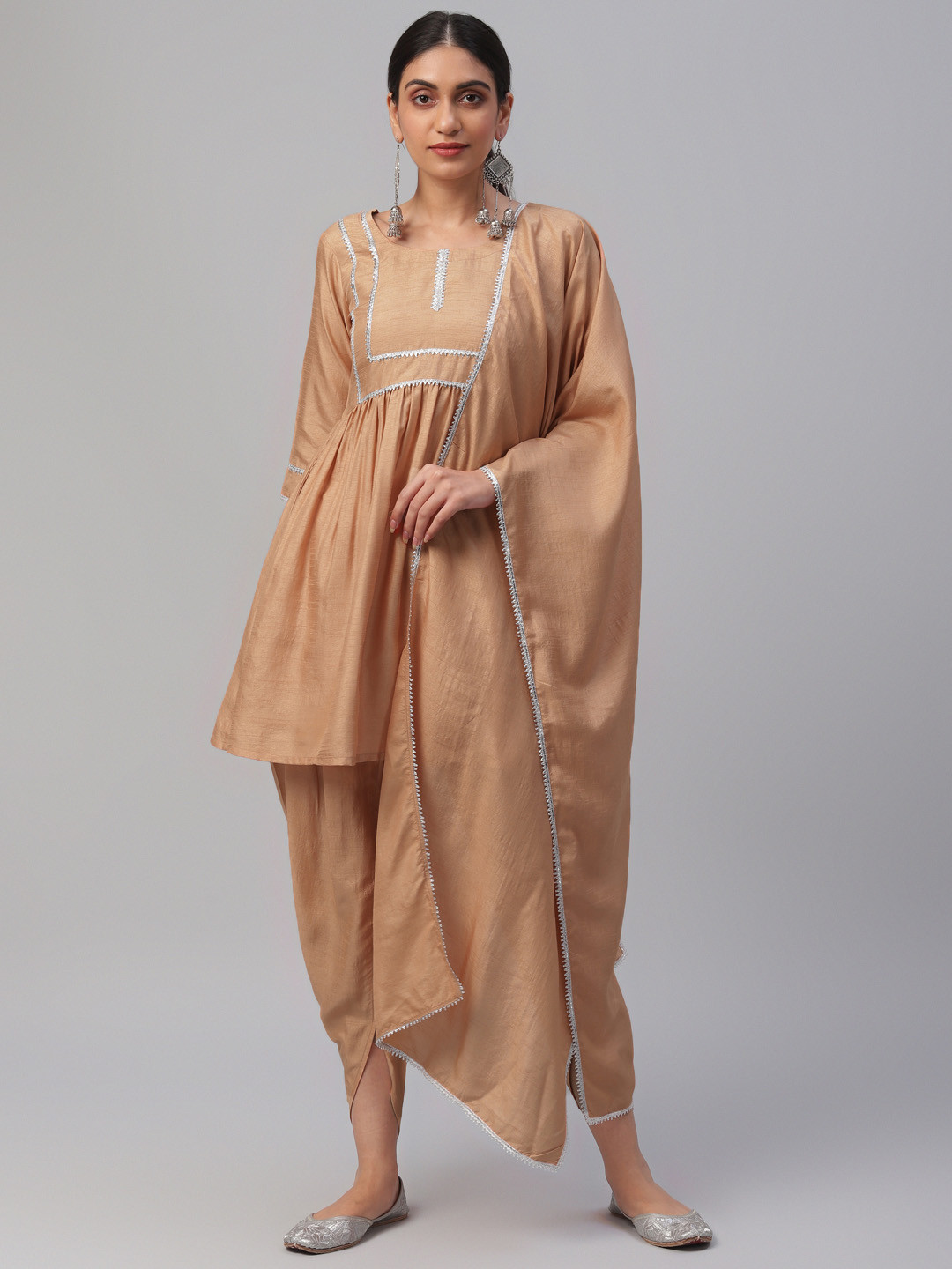 Libas Women Beige Gotta Patti Kurti with Dhoti Pants & With Dupatta
