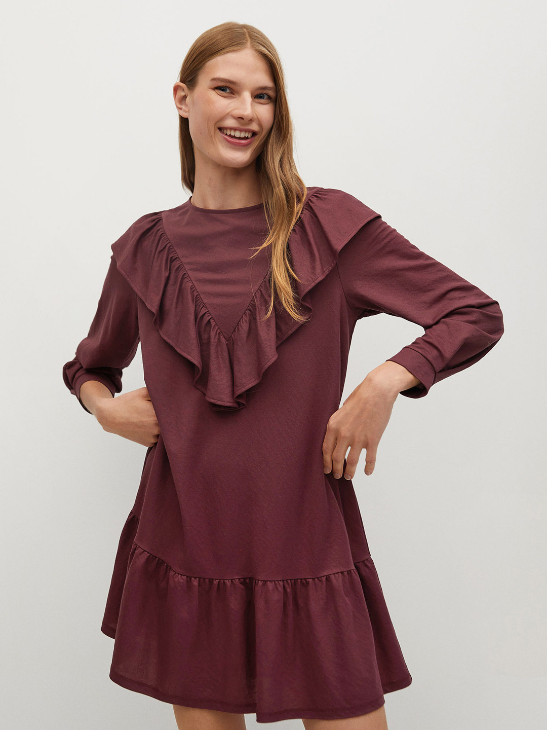 MANGO Women Maroon Solid A-Line Dress