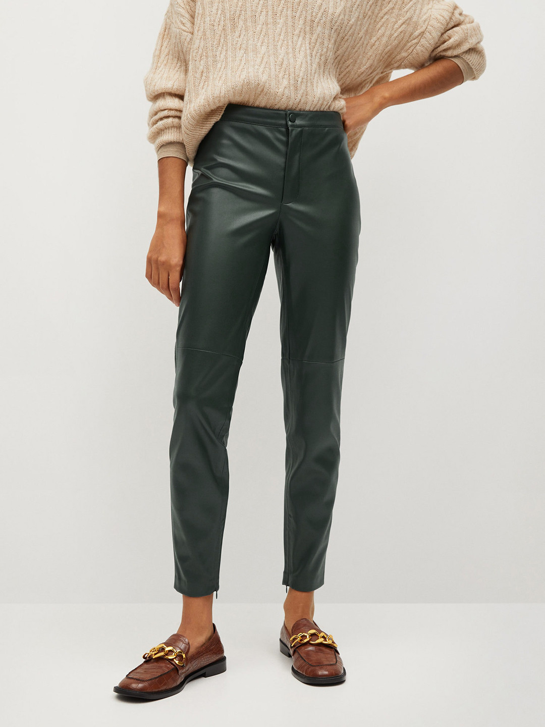 MANGO Women Green Coated Solid Regular Trousers