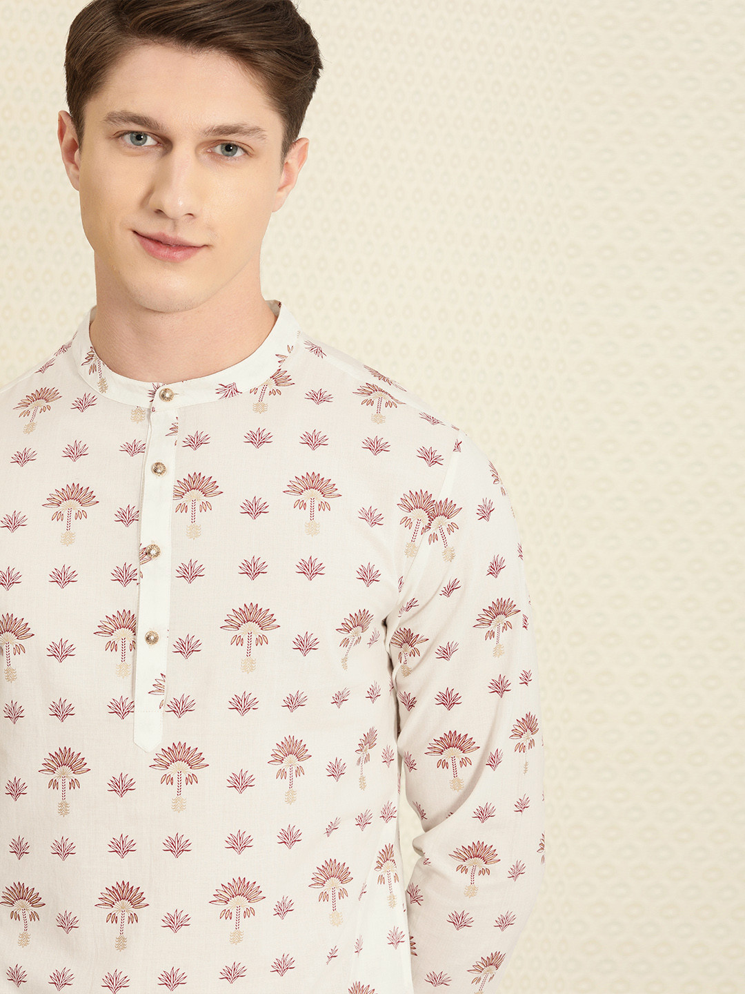 House Of Pataudi Men Off White & Maroon Floral Printed Kurta