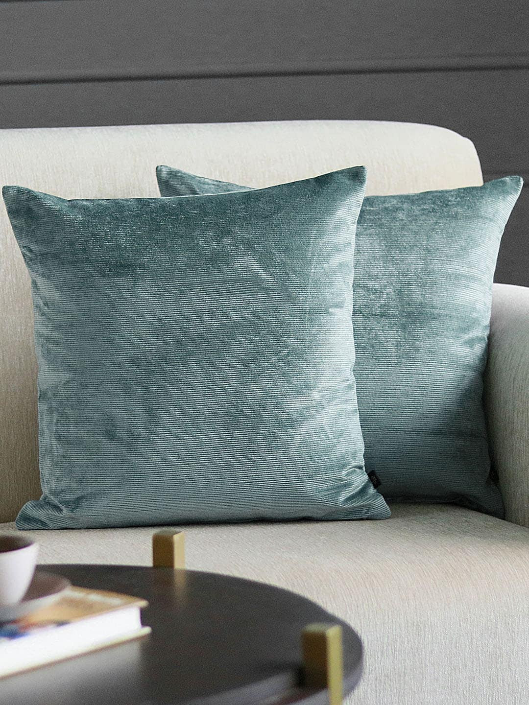 GM Stripe Blue Velvet Durable 2 Piece Textured Square Cushion Covers -18x18In