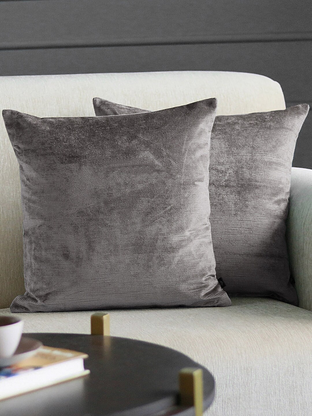GM Micro Stripe Grey Velvet Washable 2 Piece Square Cushion Covers -18x18In