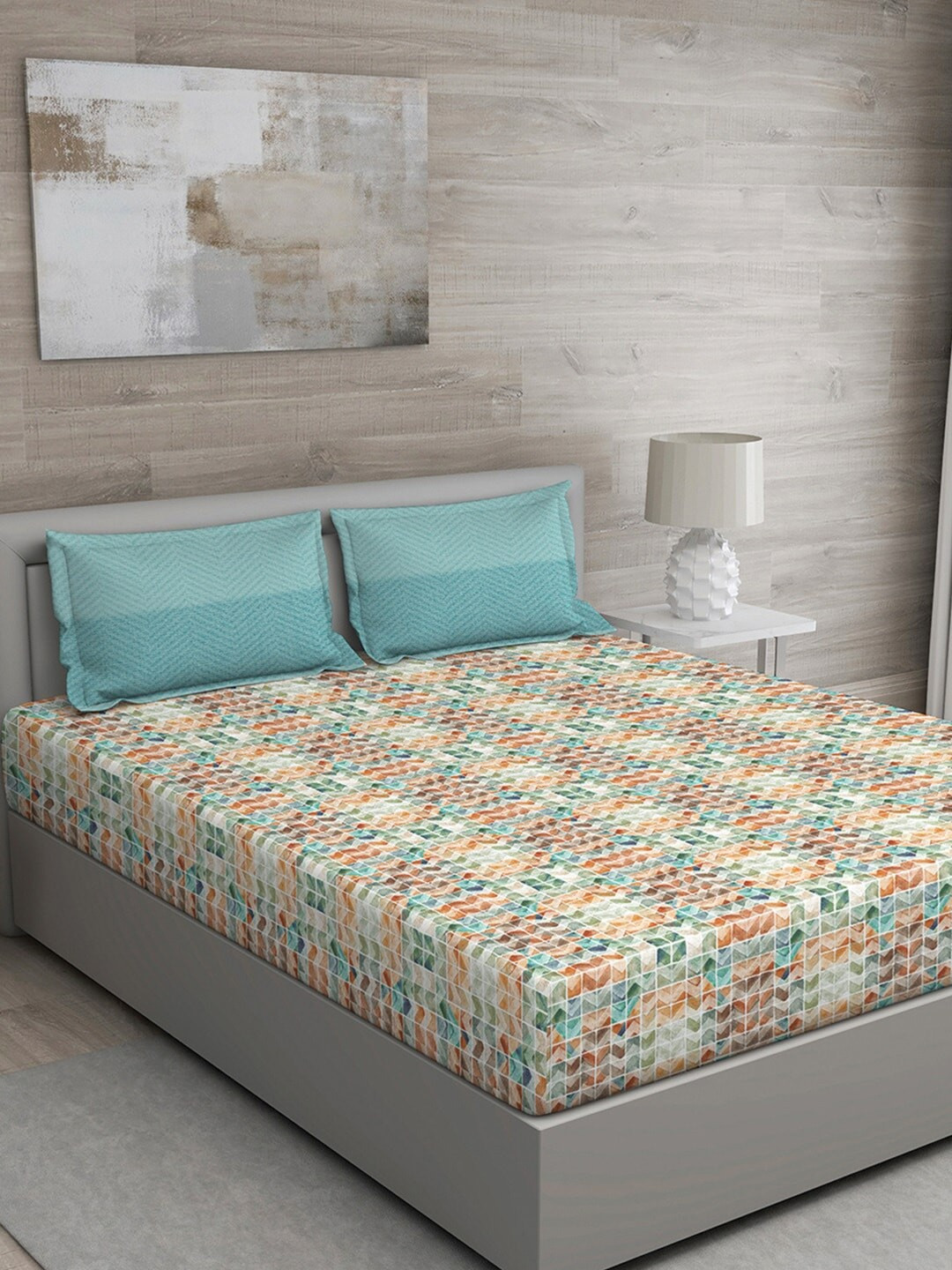 GM Turquoise Blue Chevron Cotton 150 TC Queen Bedsheet with 2 Pillow Covers-228 x 274 cm