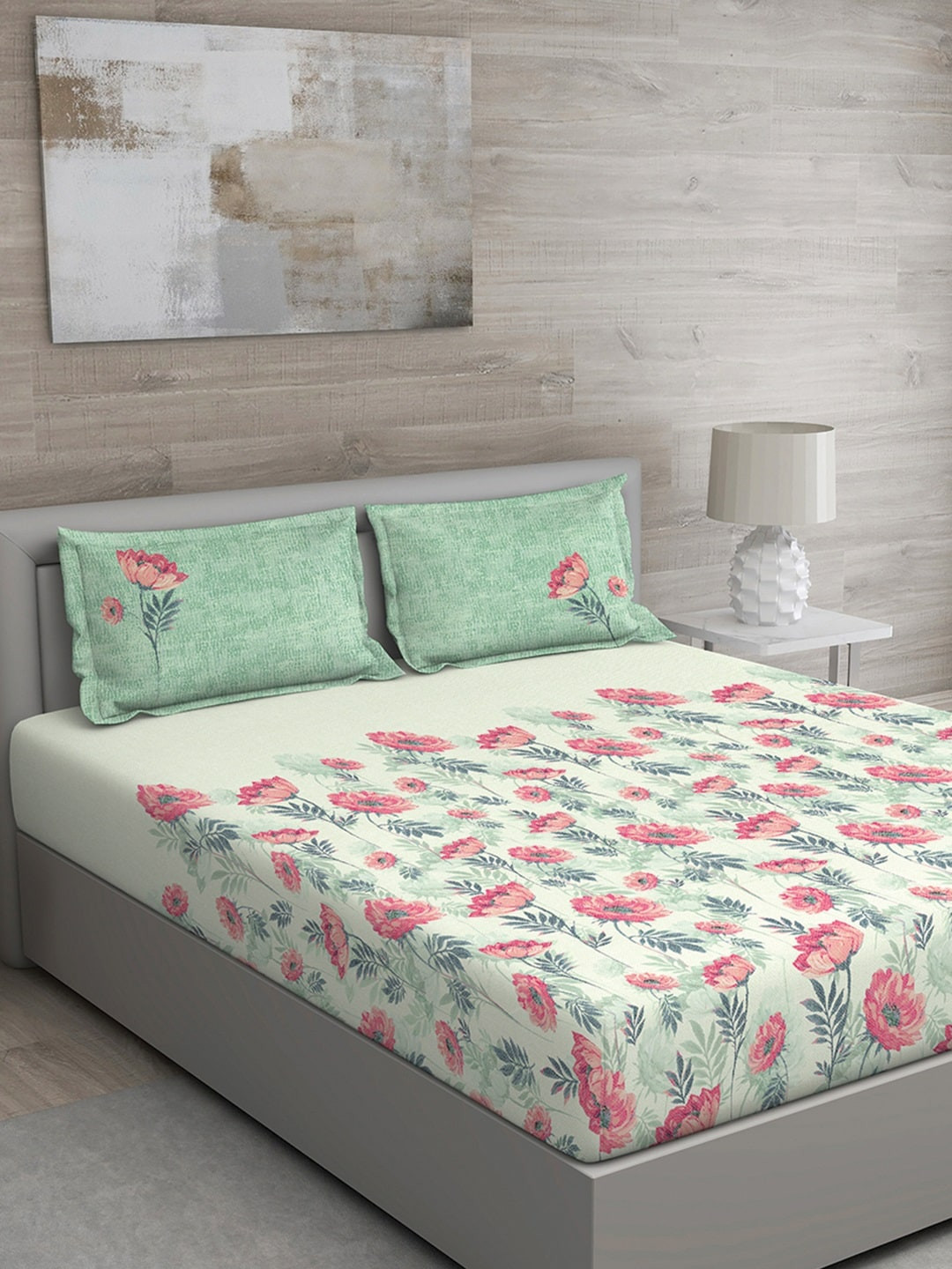 GM Green Floral Cotton 144 TC Queen Bedsheet with 2 Pillow Covers-90 x 108 inches
