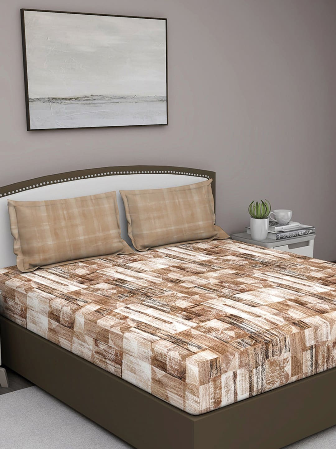 GM Brown Abstract Cotton 180 TC Queen Bedsheet with 2 Pillow Covers-228 x 274 cm