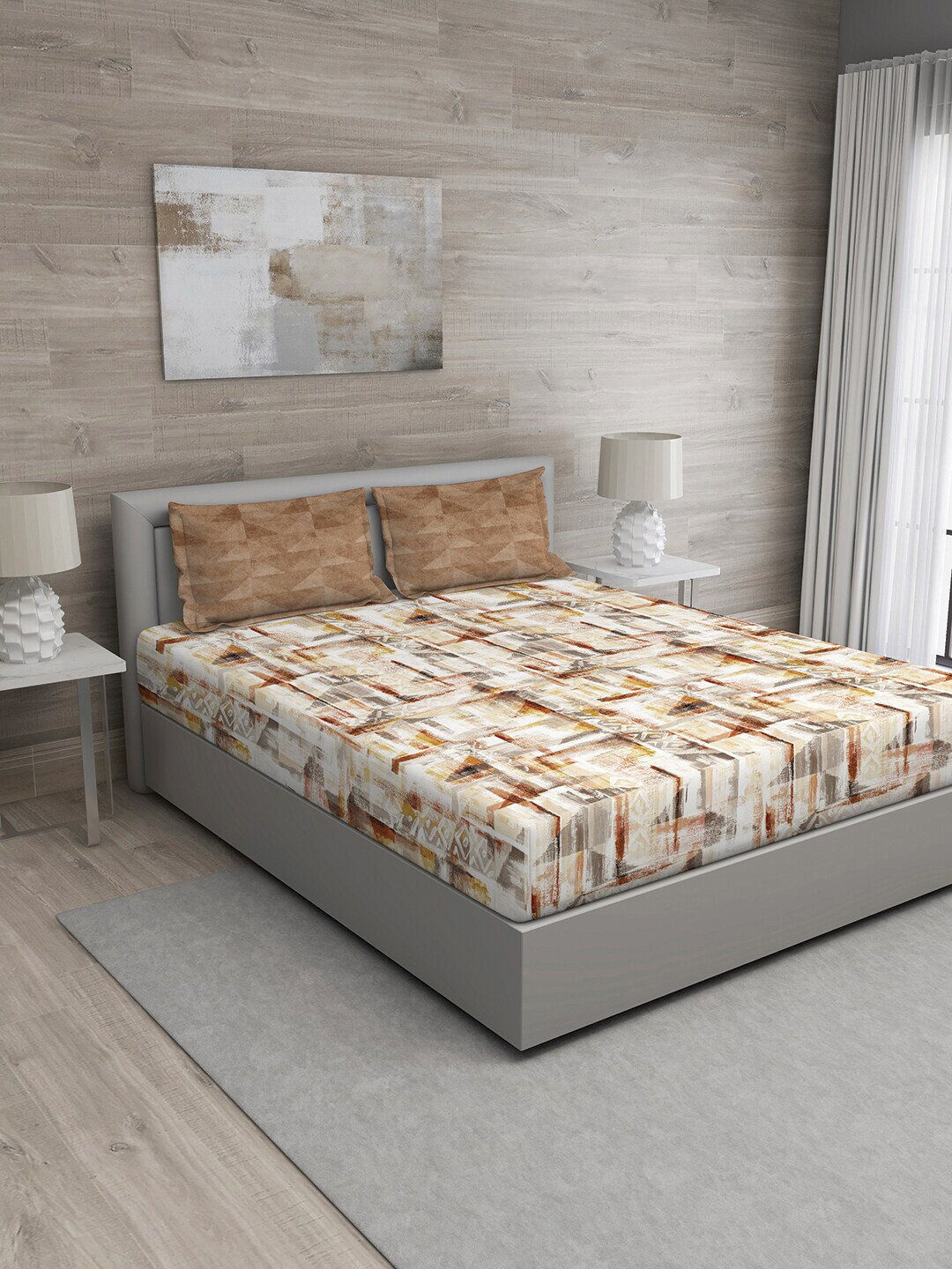 GM Brown Abstract Cotton 144 TC Queen Bedsheet with 2 Pillow Covers-108 x 90 inches