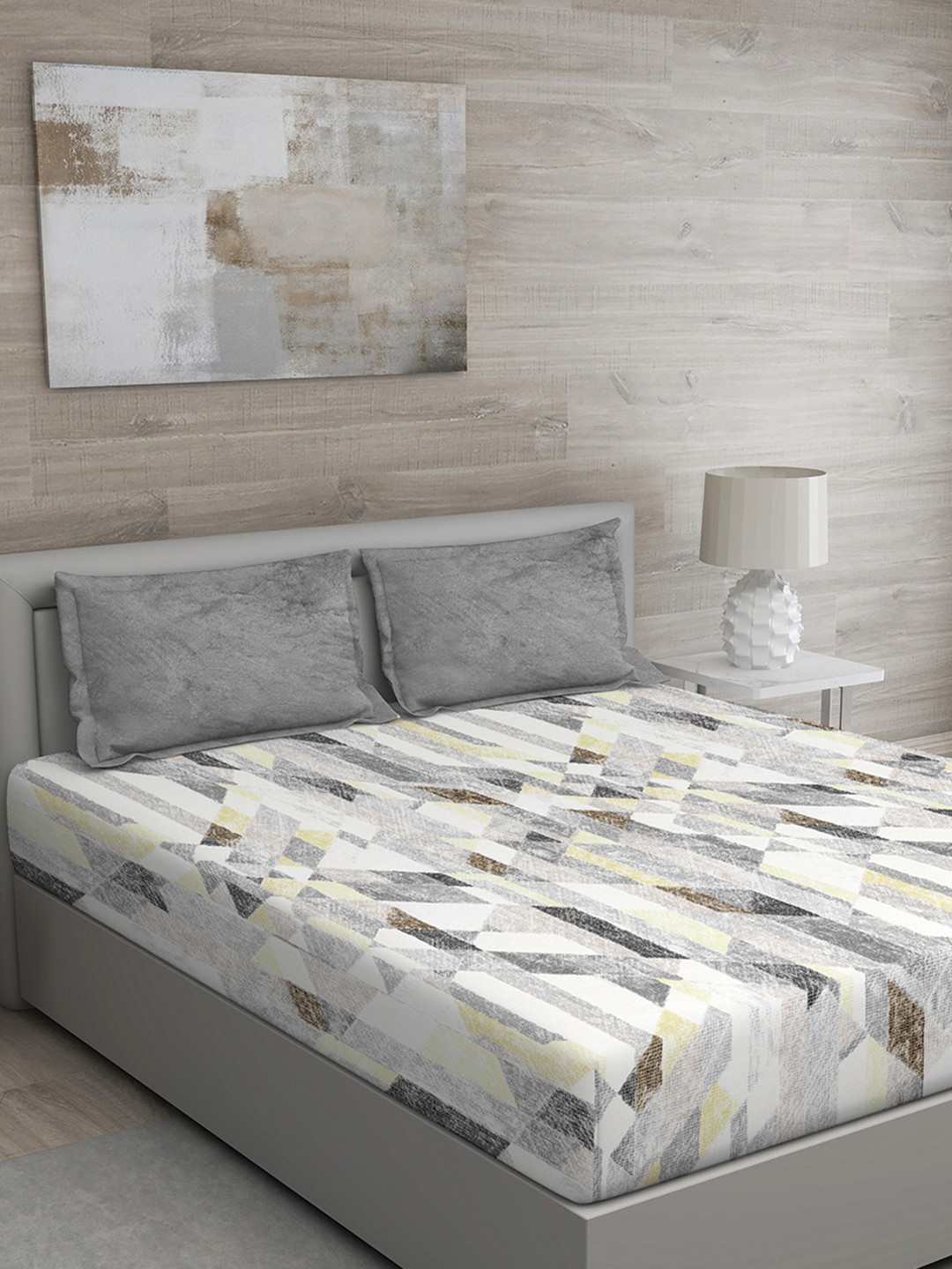 GM Grey Abstract Cotton 150 TC Queen Bedsheet with 2 Pillow Covers-90 x 108 inches