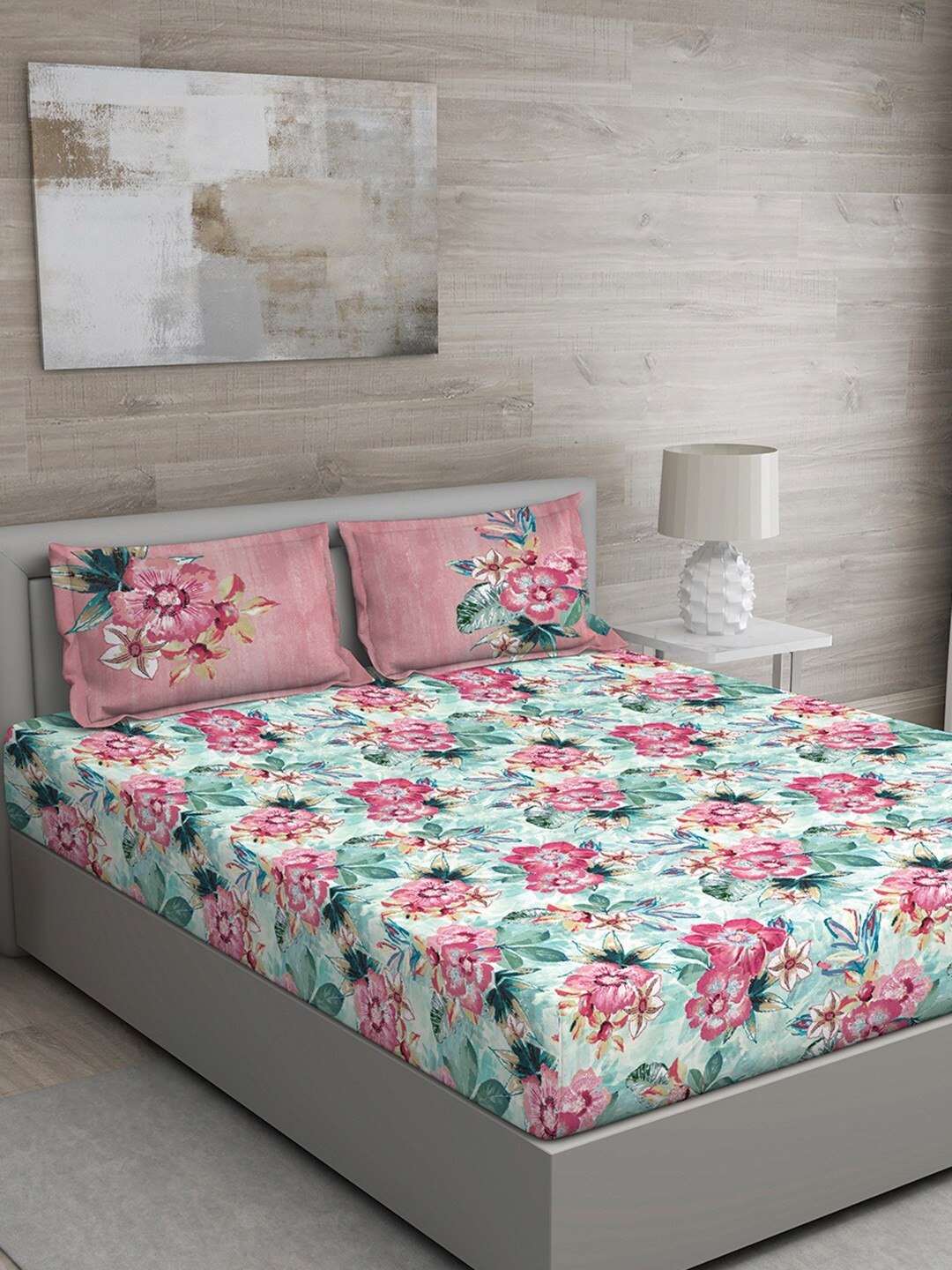 GM Green Floral Cotton 150 TC Queen Bedsheet with 2 Pillow Covers-90 x 108 inches