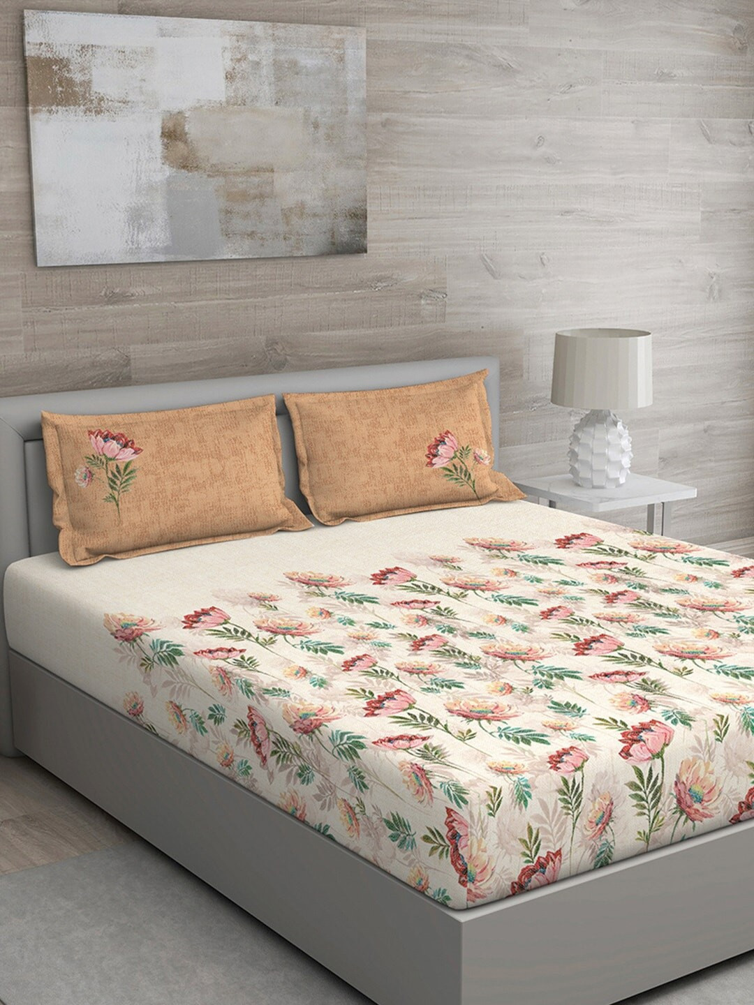 GM Cream Floral Cotton 144 TC Fitted Queen Bedsheet with 2 Pillow Covers-90 x 108 inches