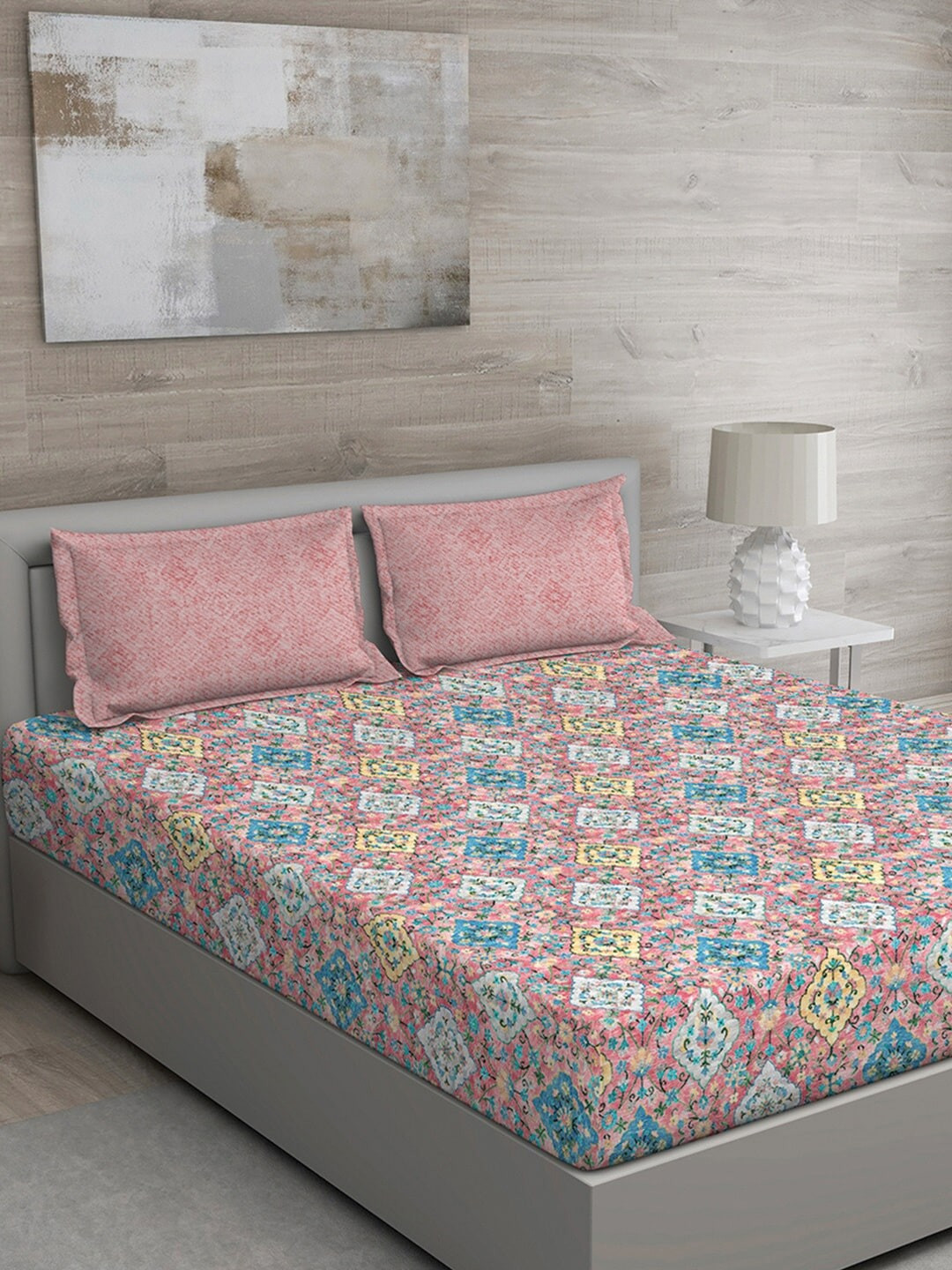 GM Pink Ethnic Motifs Cotton 150 TC Queen Bedsheet with 2 Pillow Covers-228 x 274 cm