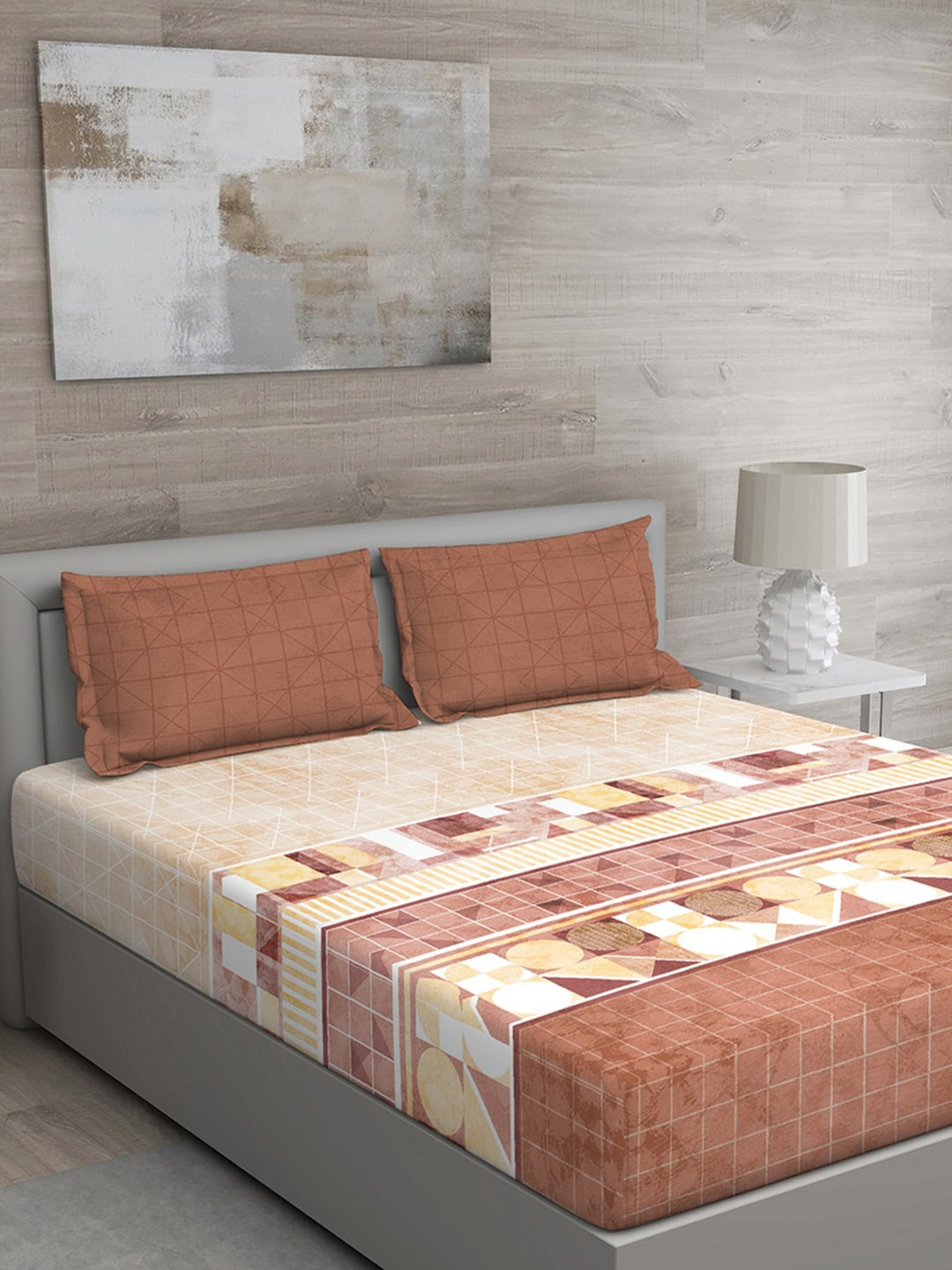 GM Brown Geometric Cotton 150 TC Queen Bedsheet with 2 Pillow Covers-90 x 108 inches