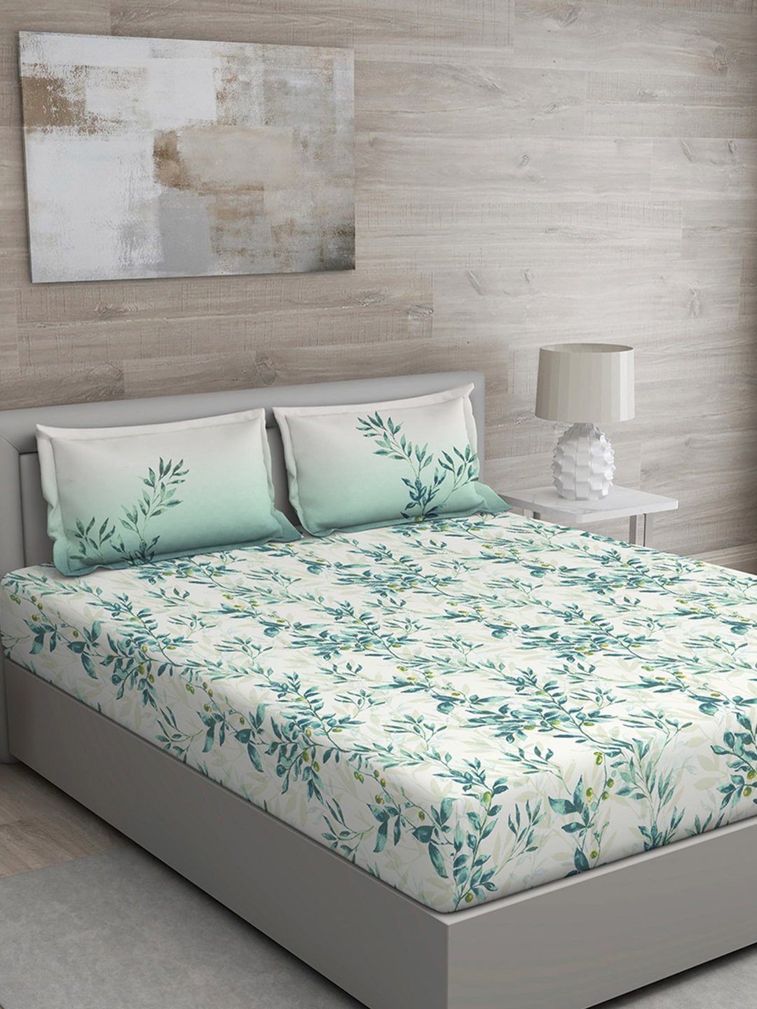 GM Green Leaf Cotton 144 TC Queen Bedsheet with 2 Pillow Covers-90 x 108 inches