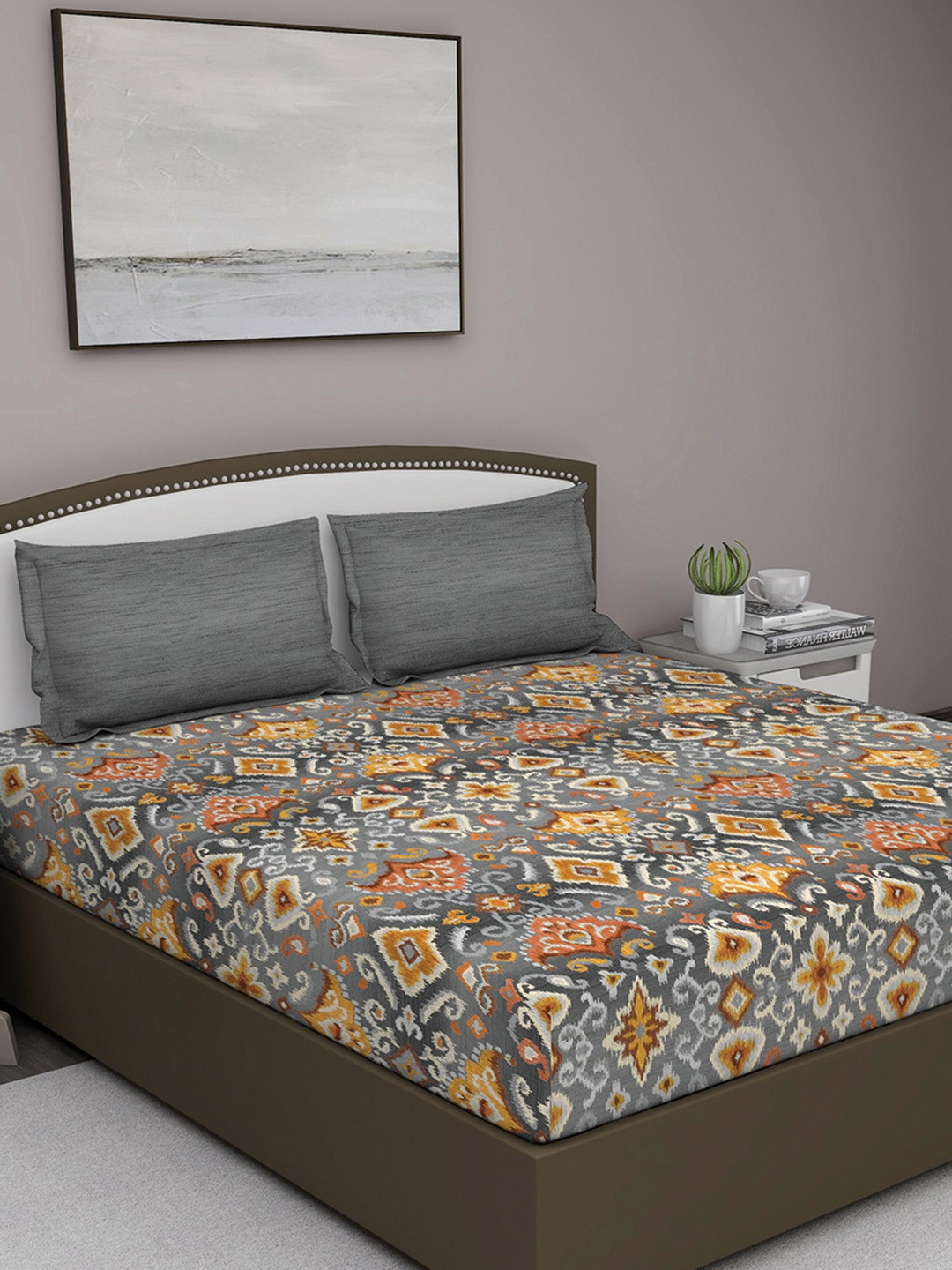 GM Grey Ethnic Motifs Cotton 210 TC King Fine Bedsheet with 2 Pillow Covers-108 x 108 inches