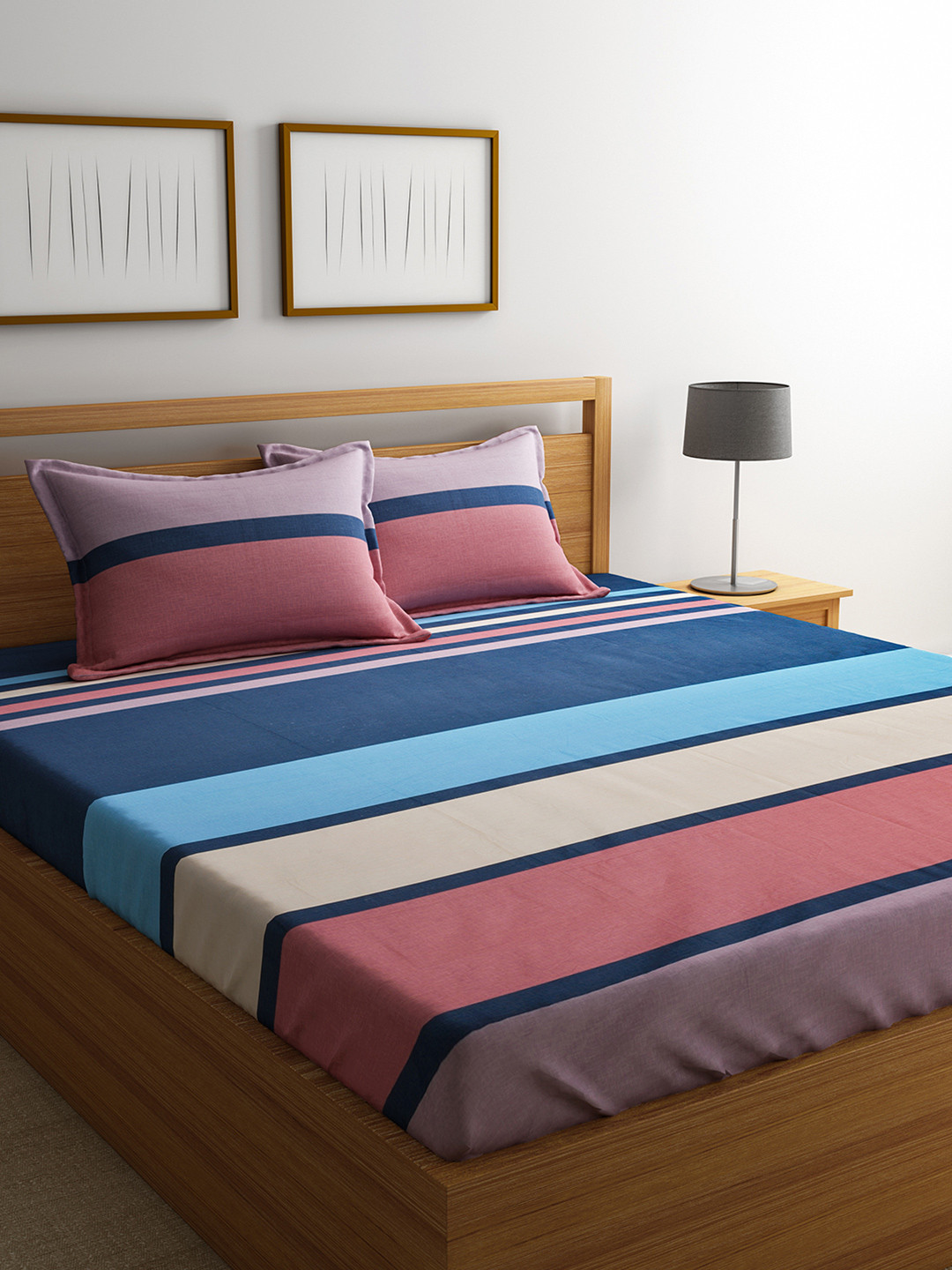 URBAN DREAM Multicoloured Striped Cotton 210 TC Queen Fine Bedsheet with 2 Pillow Covers-230 x 254 cm