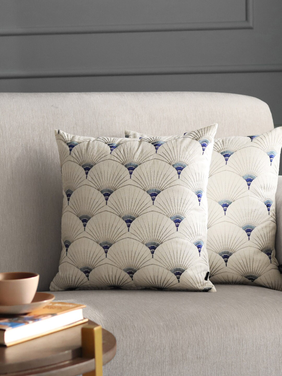 GM Set Of 2 White & Blue Floral Print Embroidered Arch Square Cushion Covers