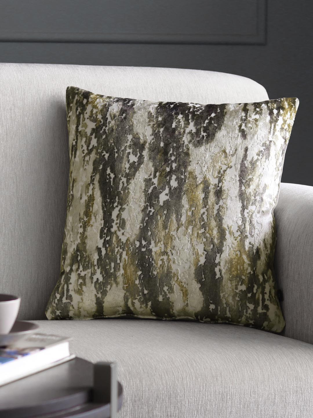 GM Olive Green & Off-White Abstract Velvet Square Cushion Cover