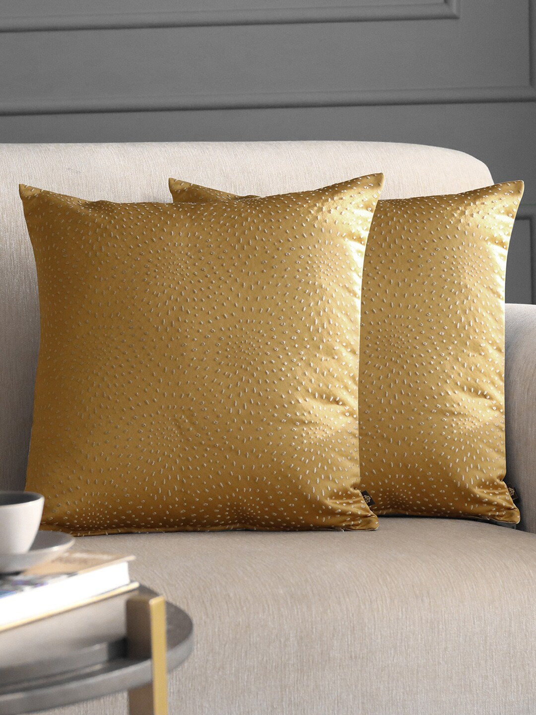 GM Gold Conversational Polyester Silk Breathable 2 Pcs Embroidered Cushion Covers -18x18In