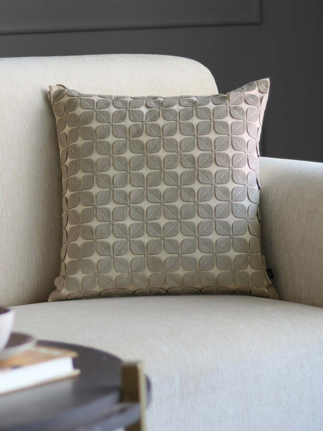 GM Grey Floral Appliqued Textured Velvet Square Cushion Cover