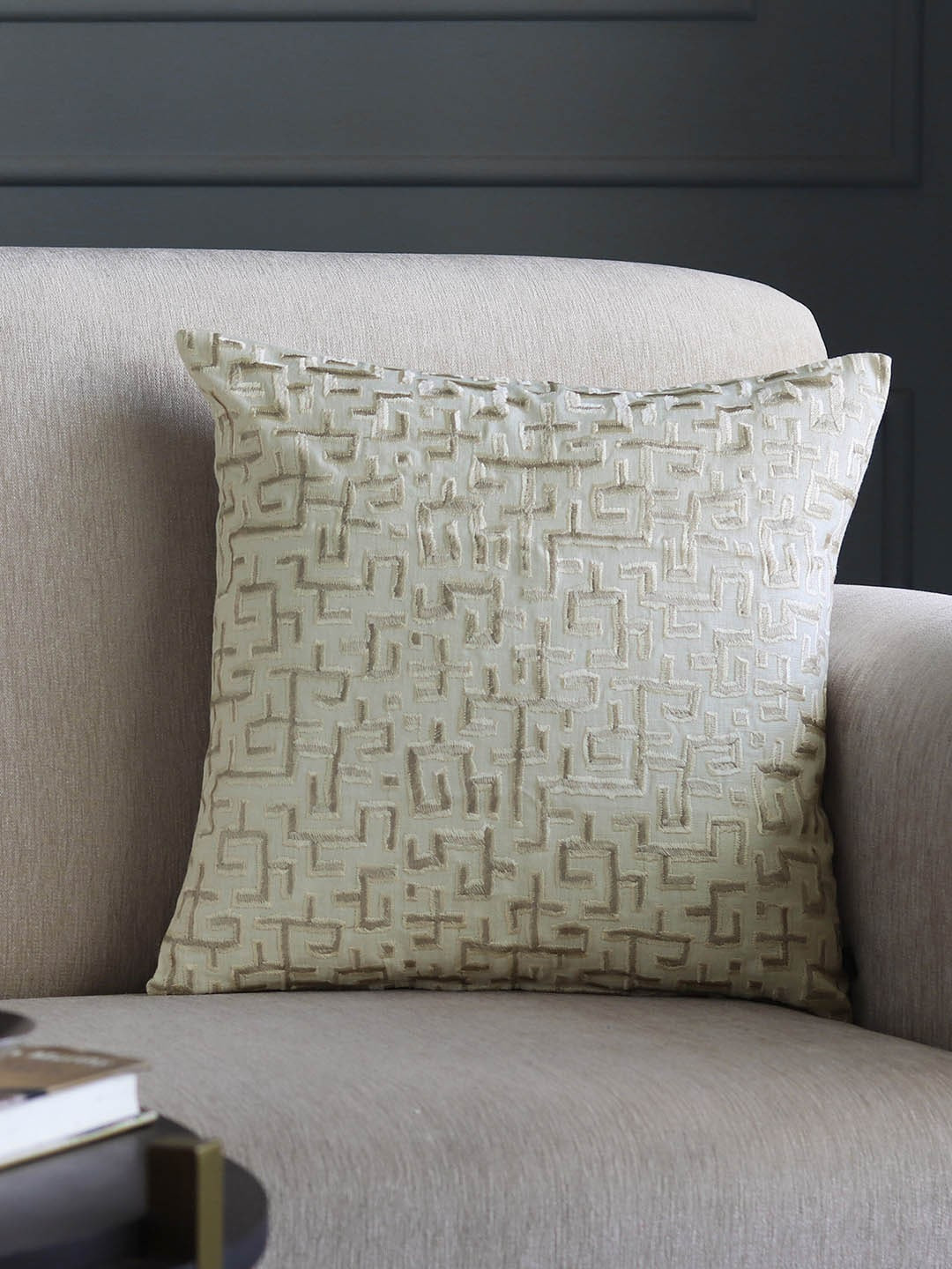 GM Beige & Gold-Colored Embroidered Square Cushion Cover