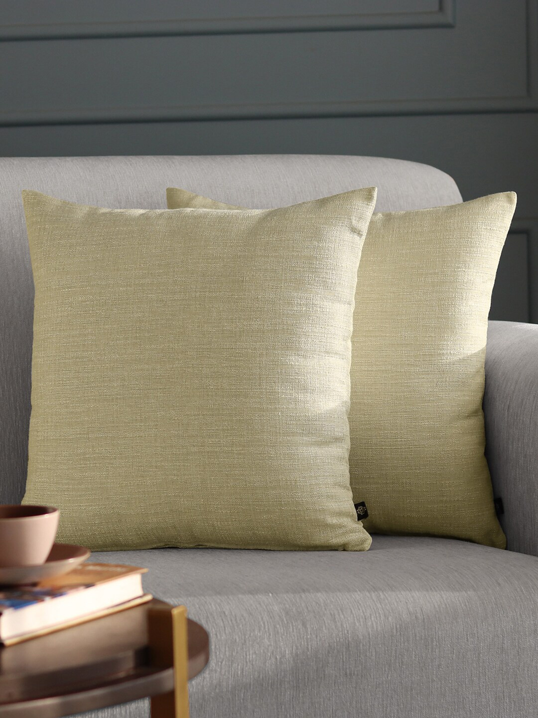 GM Set Of 2 Gold-Coloured Woven Textured Velvet Square Cushion Covers