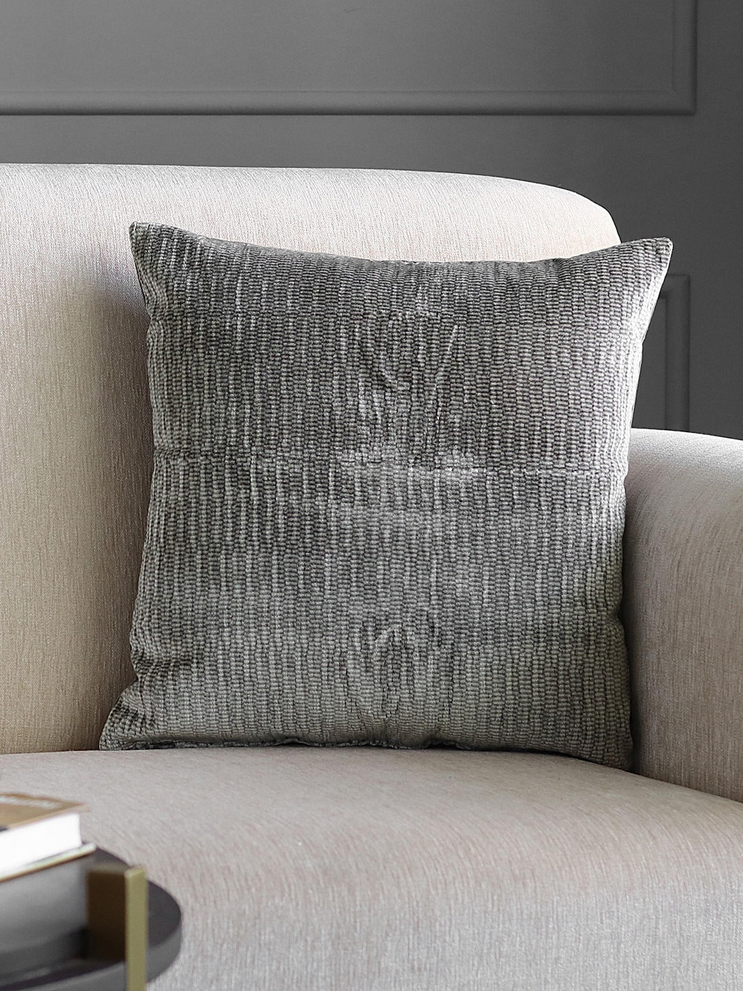 GM Grey Velvet Washable Textured Square Cushion Cover - 17.7 x 17.7 Inches