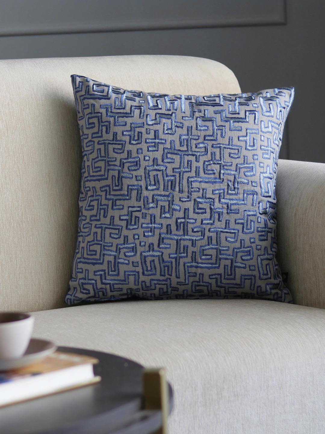 GM Blue & Grey Embroidered Square Cushion Cover
