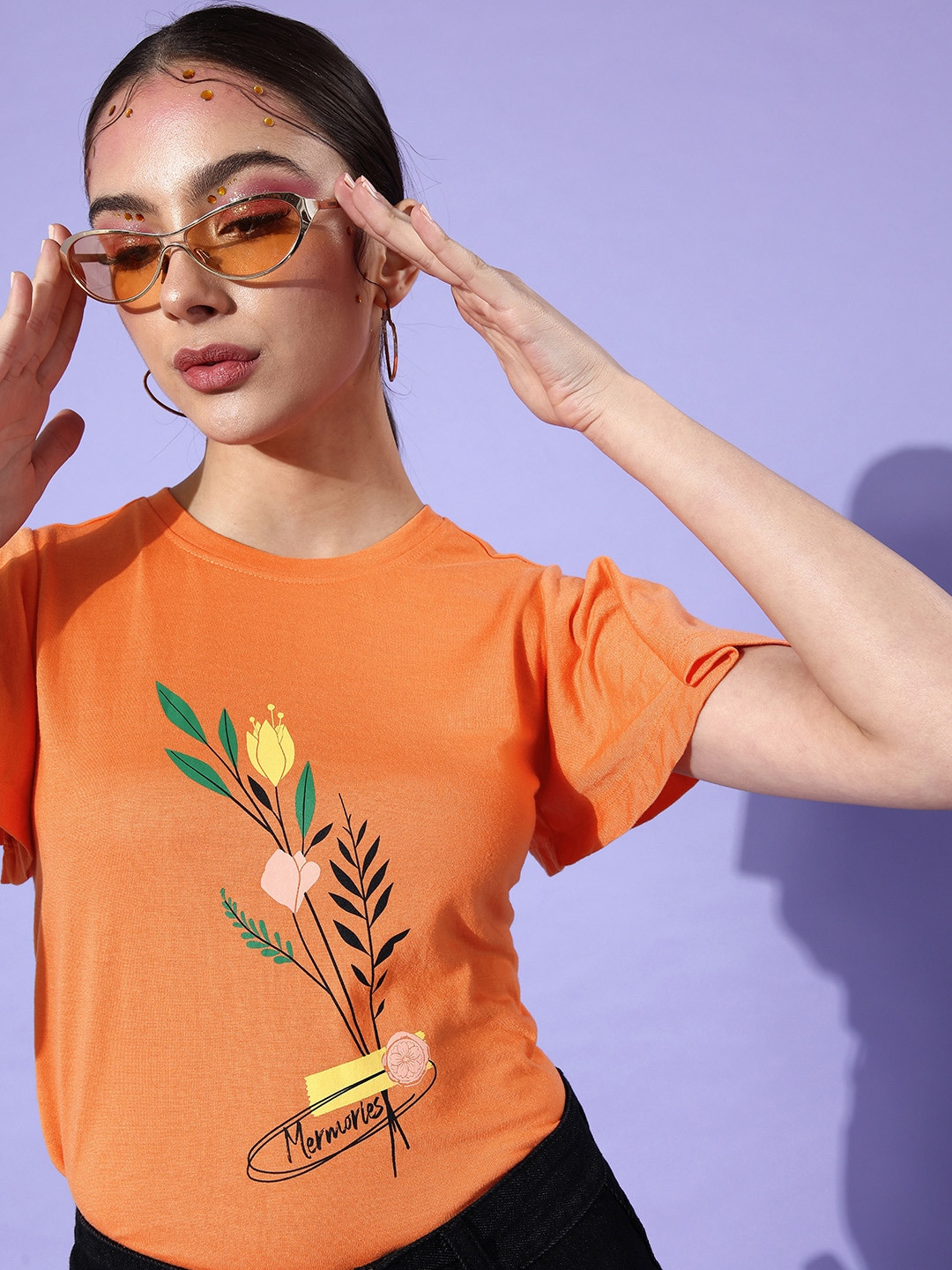 DressBerry Orange Floral Printed Flared Sleeves Top