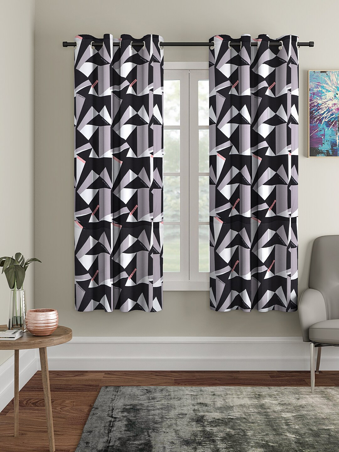 Cortina Black & Grey Set of 2 Digital Printed Window Curtains