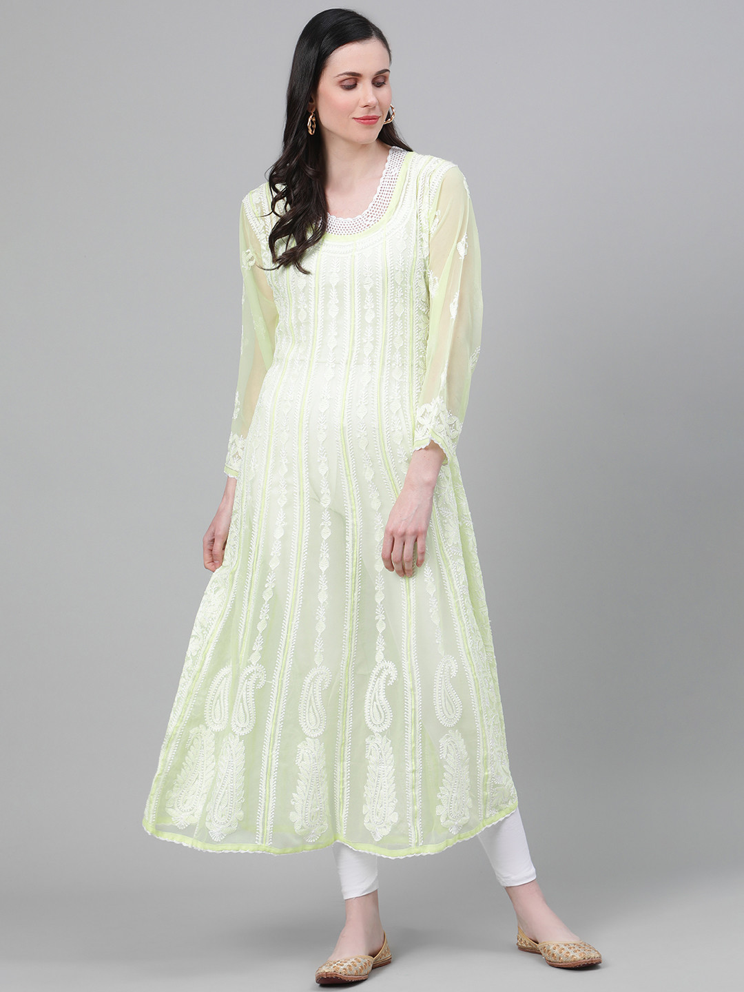 ADA Women Lime Green & White Chikankari Hand Embroidered Sheer Anarkali  Handloom Kurta