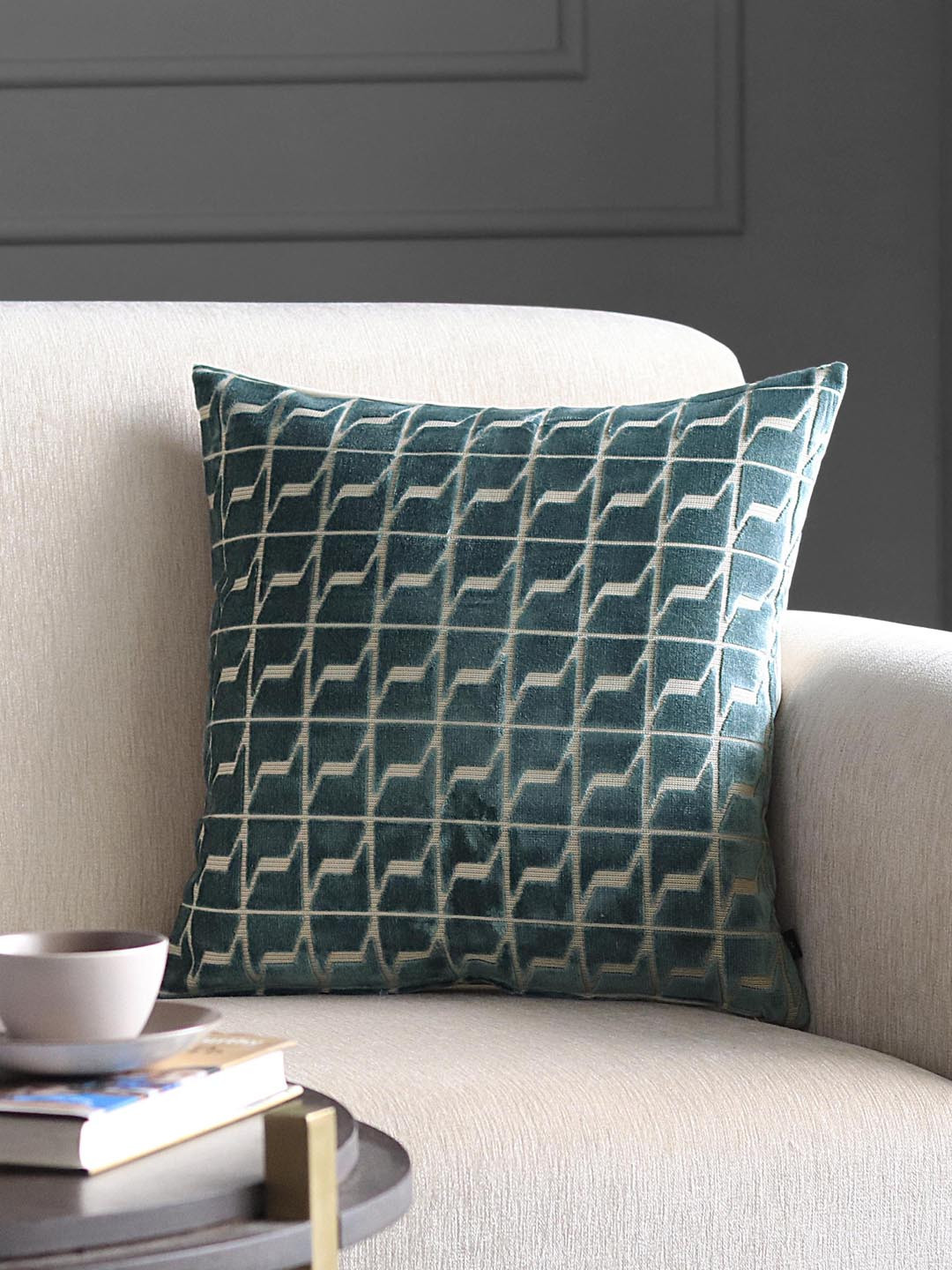 GM Blue Geometric Polyester Durable Square Cushion Cover - 18 x 18 Inches