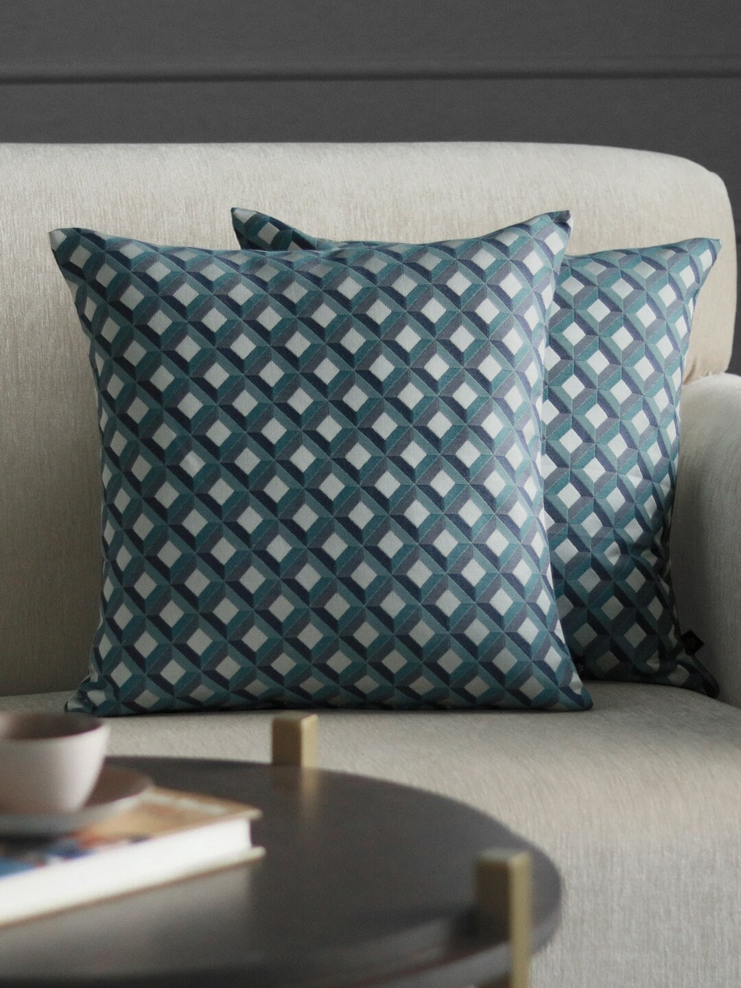 GM Blue Geometric Polyester Silk Washable 2 Piece Square Cushion Covers -18x18In