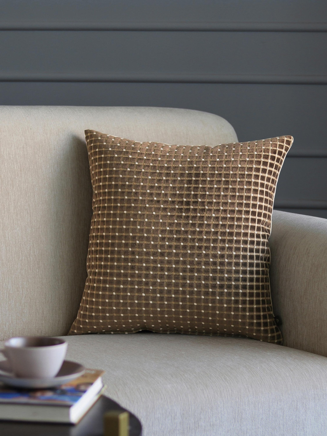 GM Brown Checked Velvet Washable Embroidered Square Cushion Cover - 17.7 x 17.7 Inches