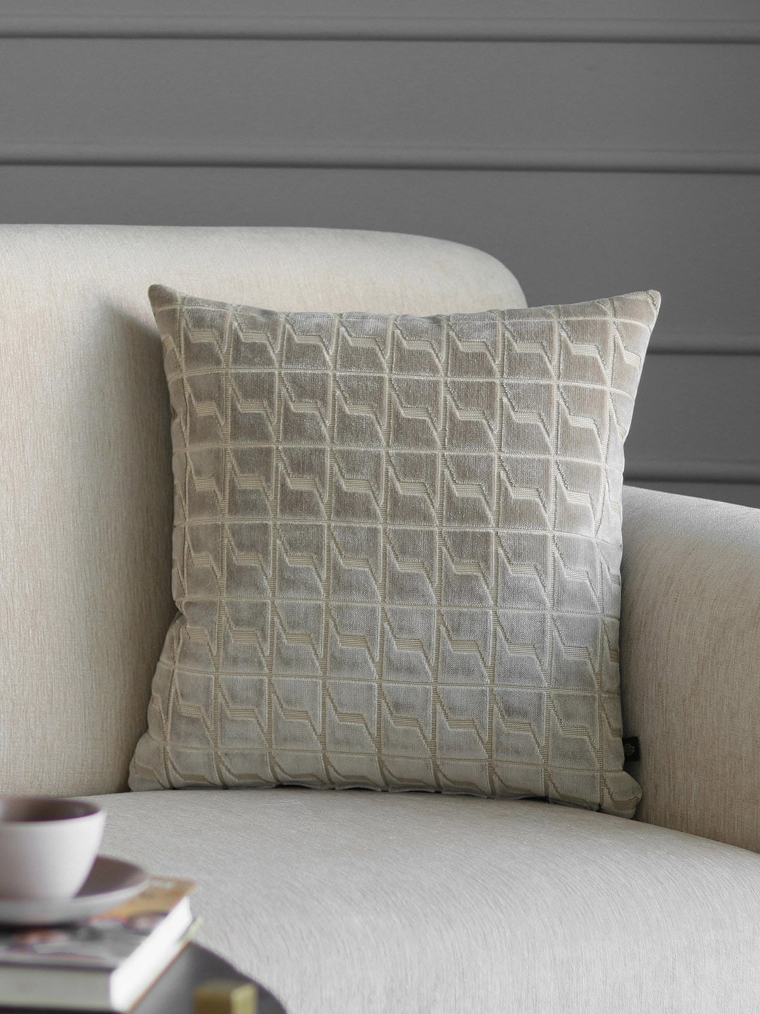 GM Taupe Geometric Polyester Washable Textured Square Cushion Cover - 18 x 18 Inches