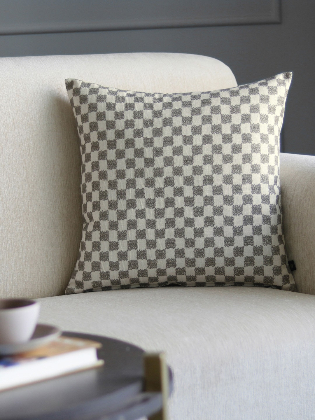 GM Grey Checked Polyester HD Digital Embroidered Square Cushion Covers - 17.7 x 17.7 In