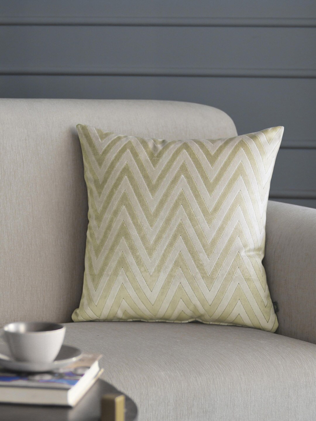 GM Beige Chevron Velvet Durable Square Cushion Cover -18x18In